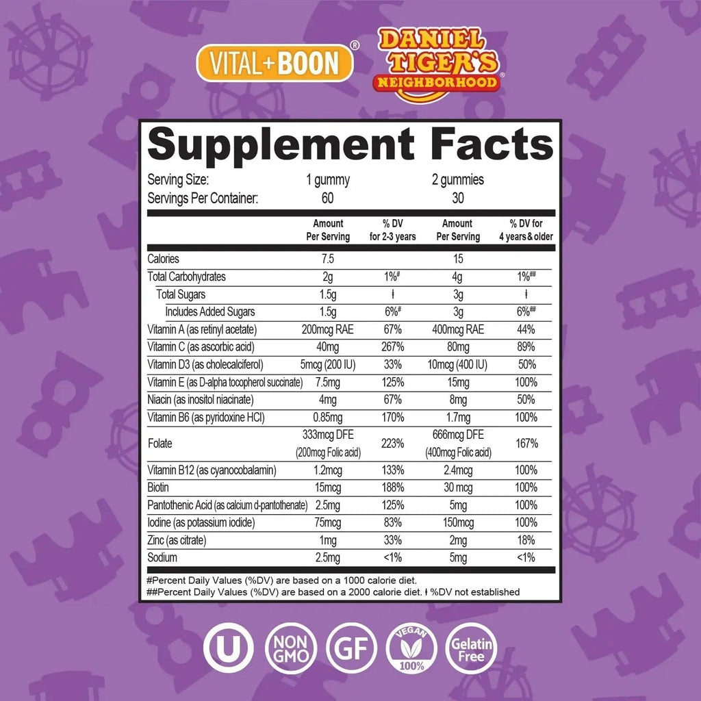 Daniel Tiger - Kids Multivitamin Gummies (60 Gummy Bottle) Toddler 2+ & Kids Vitamins - 12 Essential Vitamins & Minerals to Support Bone Health, Energy Vital+Boon Au supplements