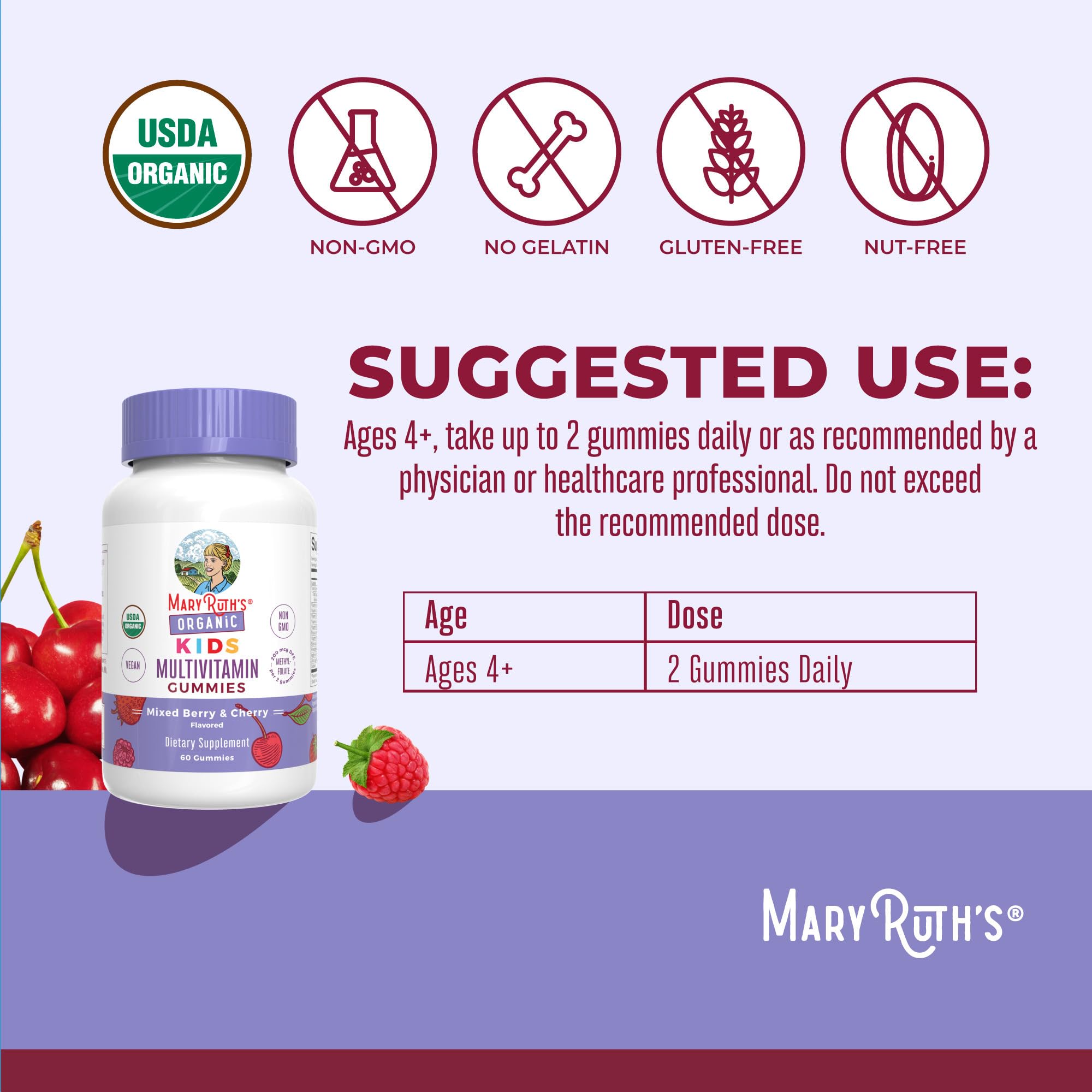 MARYRUTH'S Kids Vitamins | Multi | 1 Month Supply | Multivitamin Gummies for Ages 4+ | Multivitamin for Kids | Vegan | Only 2 Gummies a Day | 60 Count