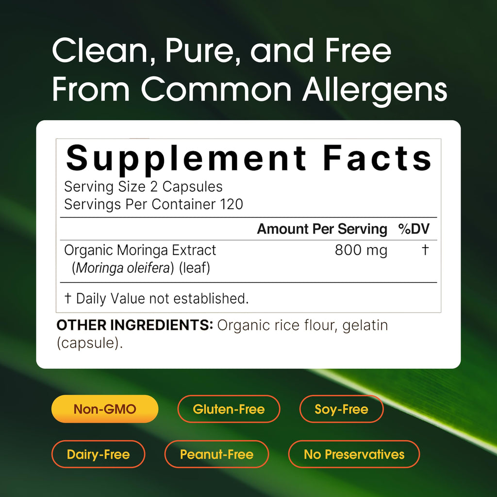 NatureBell Moringa - 240 Capsules - Organic Moringa for Immune, Energy & Skin Health Support - Green Superfood Properties