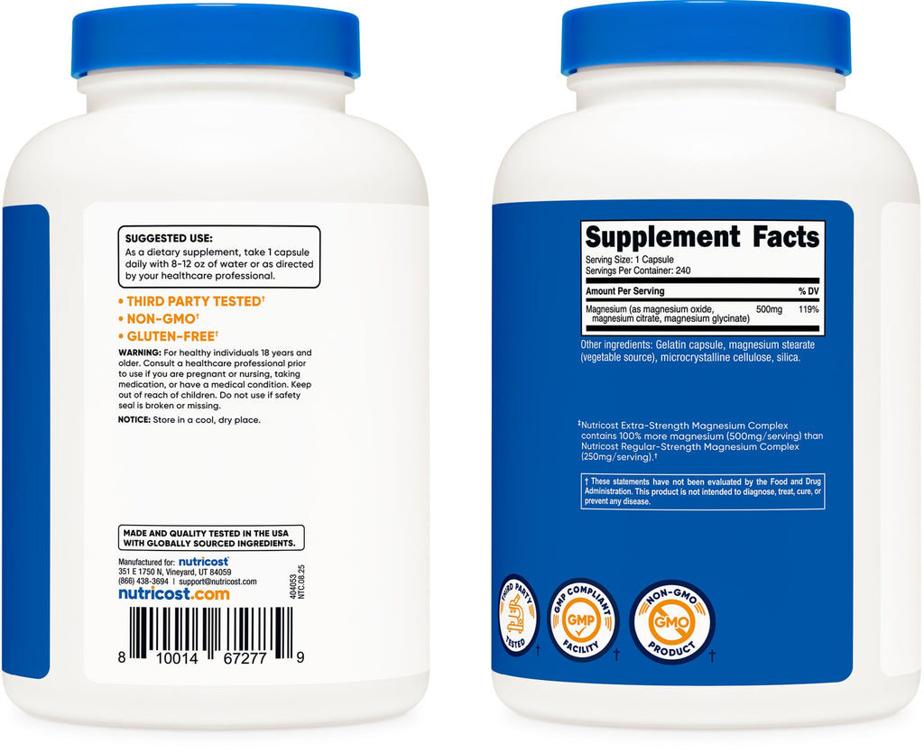 Nutricost Magnesium Complex 500mg, 240 Capsules - Magnesium Oxide, Citrate, and Glycinate - Gluten Free and Non-GMO Nutricost Au supplements