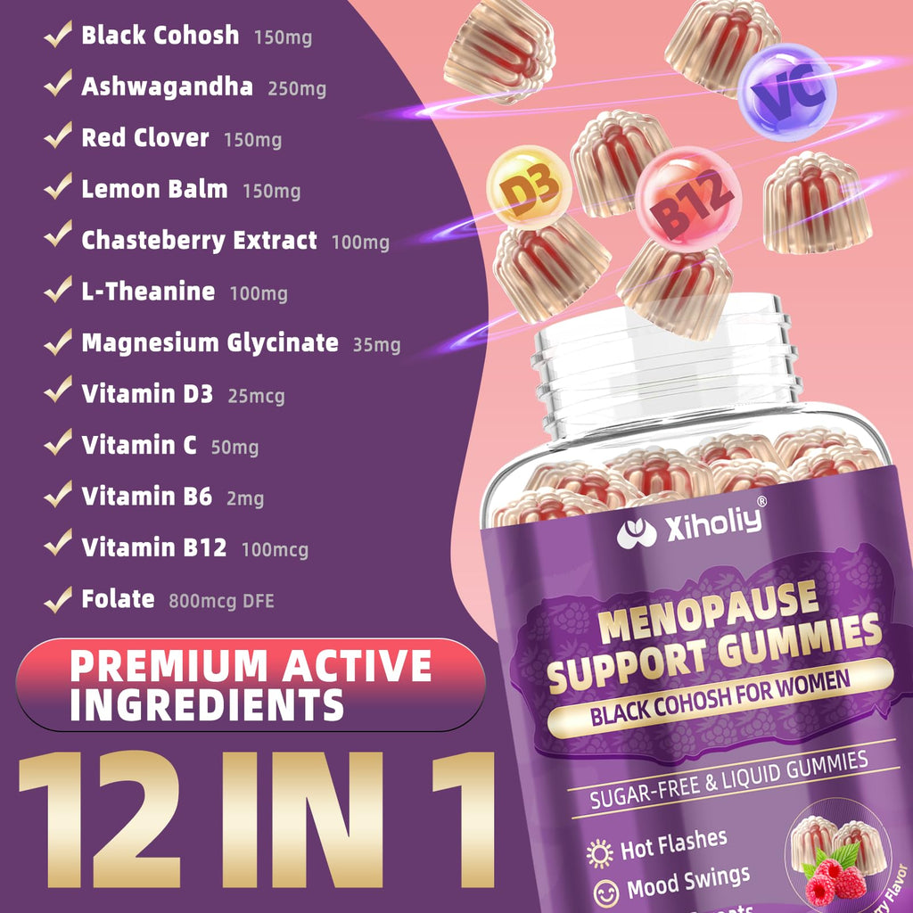 Menopause Supplements for Women with Black Cohosh, Menopause Relief Sugar Free Gummies for Hot Flashes, Natural Female Hormone Balance & Ashwagandha, Magnesium for Night Sweats, Mood Swings, 60 Count XIHOLIY Au supplements