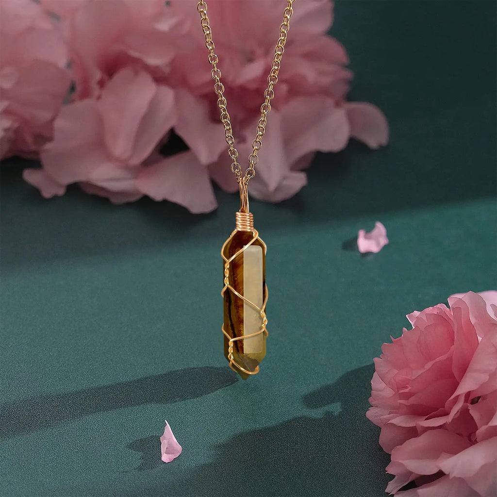 VIBILIA Healing Crystal Necklace Wire Wrapped Natural Tigerite Stone Point Pendant Necklace Hexagonal VIBILIA Au supplements