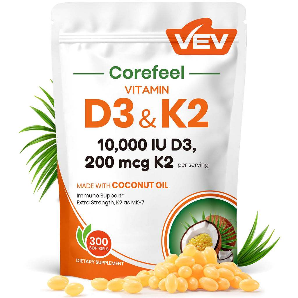 VEV Corefeel Vitamin D3 K2 10,000 IU, 200 mcg MK-7, 300 Coconut Oil Softgels, 2 in 1 Vitamins Supplement D & K (Include MK7), Easy to Swallow
