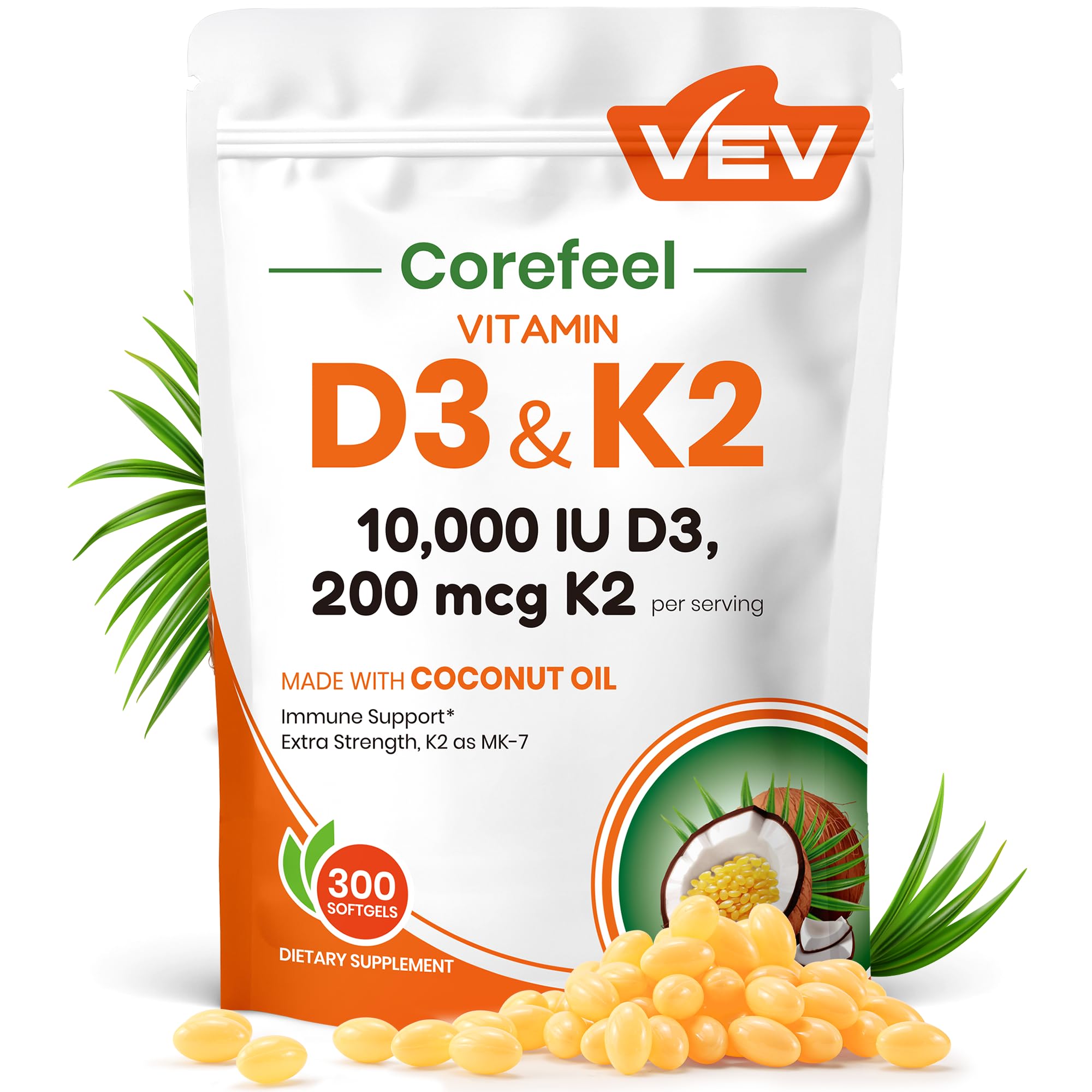 VEV Corefeel Vitamin D3 K2 10,000 IU, 200 mcg MK-7, 300 Coconut Oil Softgels, 2 in 1 Vitamins Supplement D & K (Include MK7), Easy to Swallow