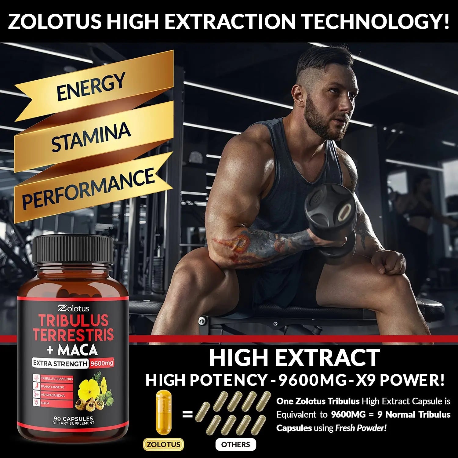 Zolotus Premium Tribulus Terrestris Capsules - 9600mg Per Serving - Combined Zolotus Au supplements