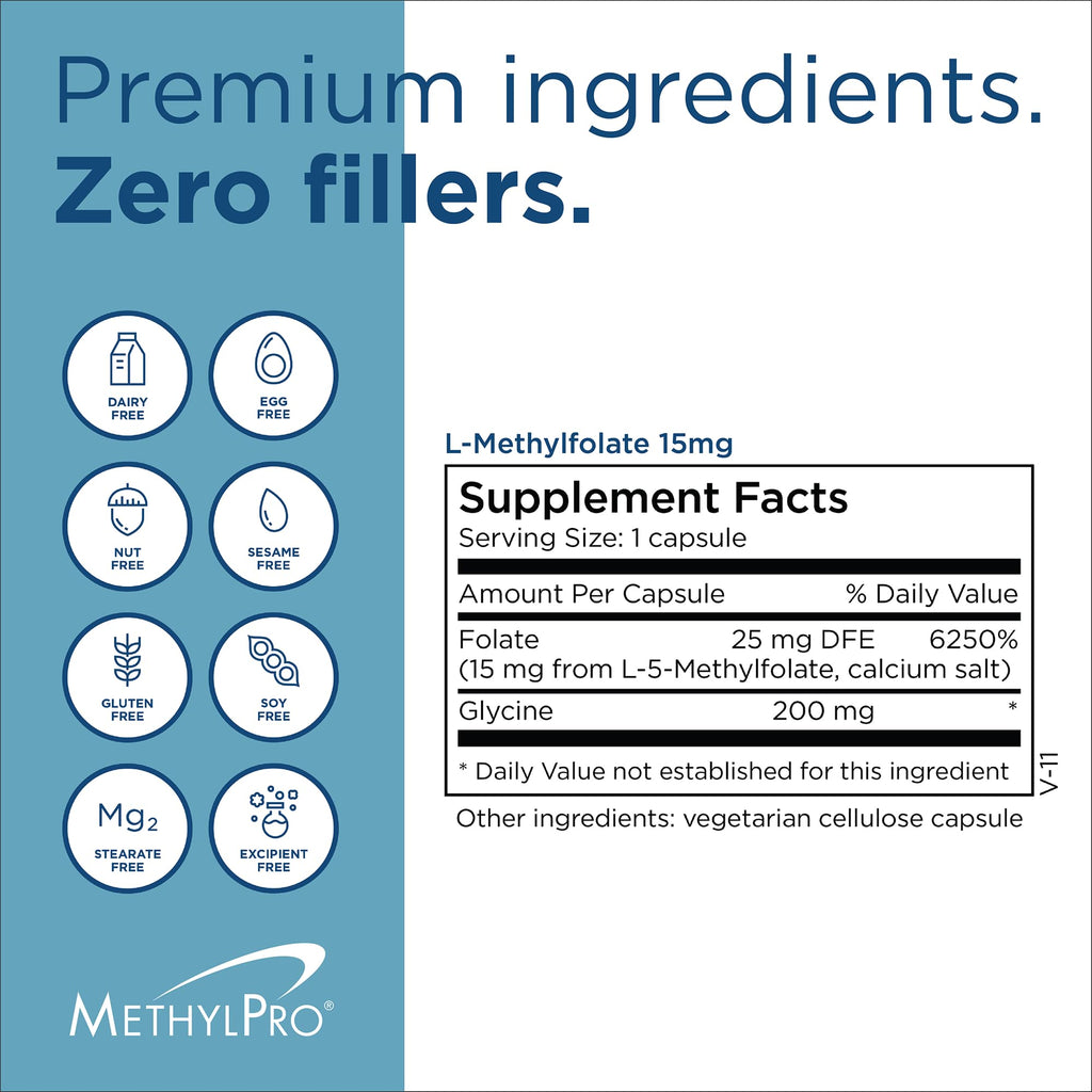 MethylPro 15mg L-Methylfolate (30 Capsules) - Professional Strength Active Methylfolate, 5-MTHF Supplement for Mood, Brain Health + Immune Support,