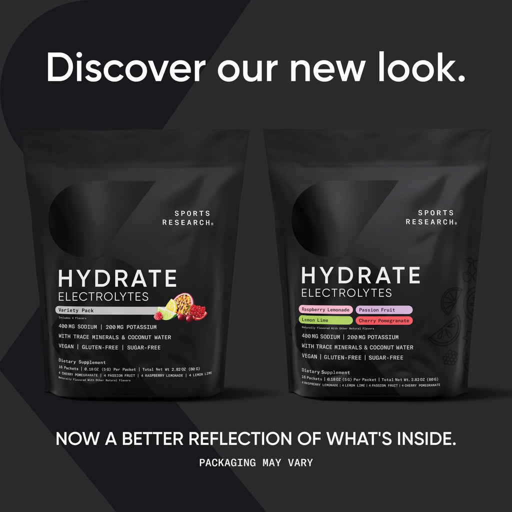 Sports Research® Hydrate Electrolytes Powder Packets - Sugar-Free & Naturally Flavored with Vitamins, Minerals, and Coconut Water - Supports Hydration - 16 Packets - Variety Pack