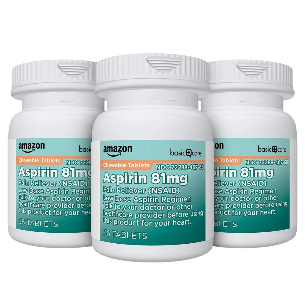 Amazon Basic Care Aspirin 81 mg Pain Reliever (NSAID) Chewable Tablets, Low Dose , Orange Flavor, 36 Count (Pack of 3) Amazon Basic Care Au supplements