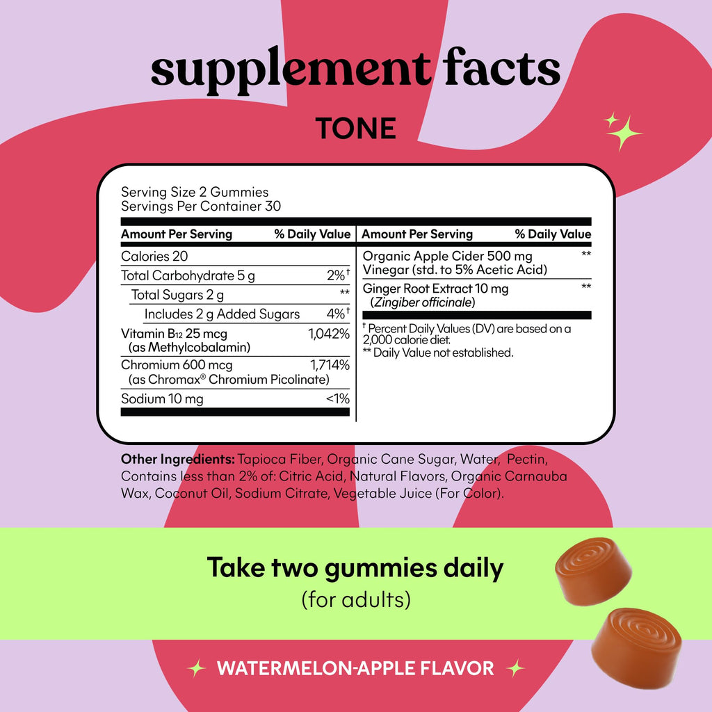 Lemme Tone Metabolism Gummies, Apple Cider Vinegar, Clinically Studied Chromium, B12, Ginger Root Extract, Promote Lean Body Mass