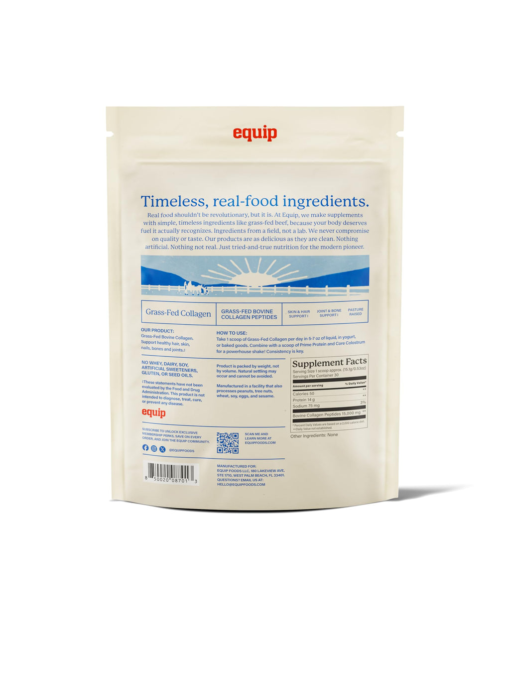Equip Foods Grass Fed Collagen Powder | Hydrolyzed Bovine Collagen Peptides with Amino Acids | Prime Beef Collagen for Healthy Joints, Skin & Nails | Non-GMO, Paleo Friendly