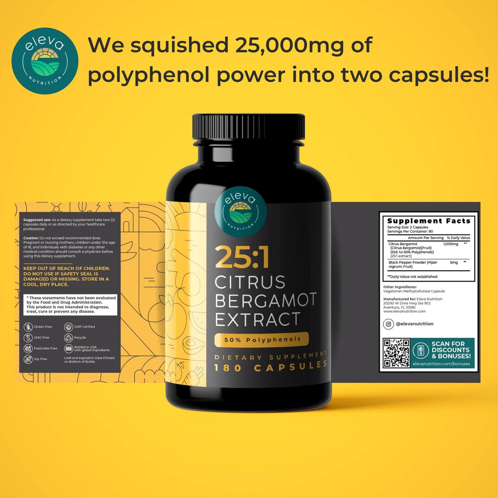 Citrus Bergamot Extract 1000mg Capsules — Natural 25:1 Citrus Bergamot Supplement with 50% Polyphenols Extract and Black Pepper