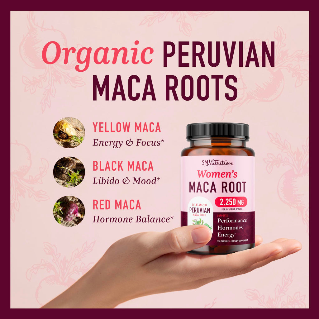 Organic Maca Root Capsules for Women | Peruvian Maca 2250MG Extra Strength | Red, Black & Yellow Root Powder with Black Pepper | Herbal Supplement