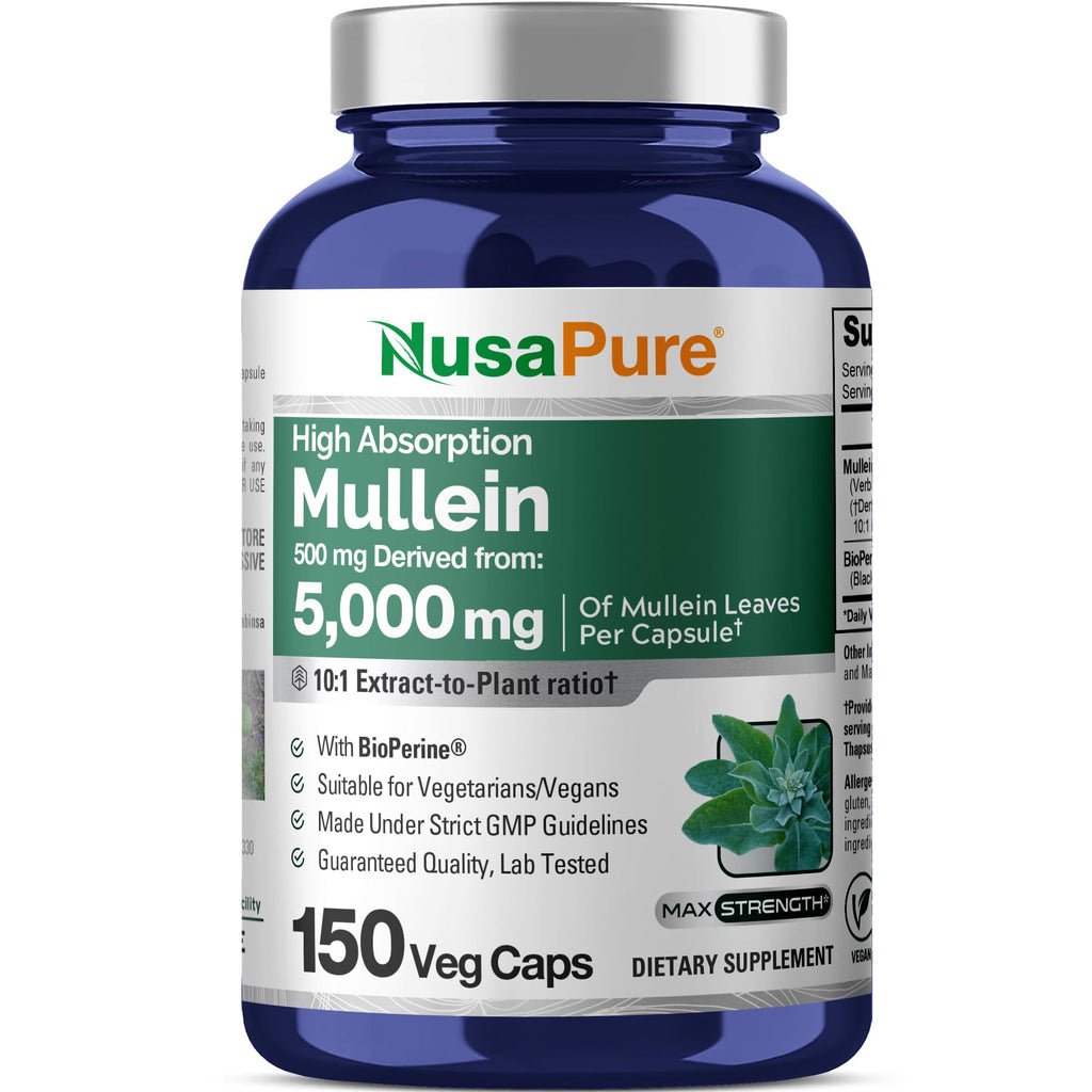 NusaPure Mullein Leaf Capsules 10:1 Extract, 500 mg Equivalent to 5,000 mg per Veggie Caps - 150 Count - Verbascum Thapsus (Non-GMO, Vegan) Dietary Supplement NusaPure Au supplements