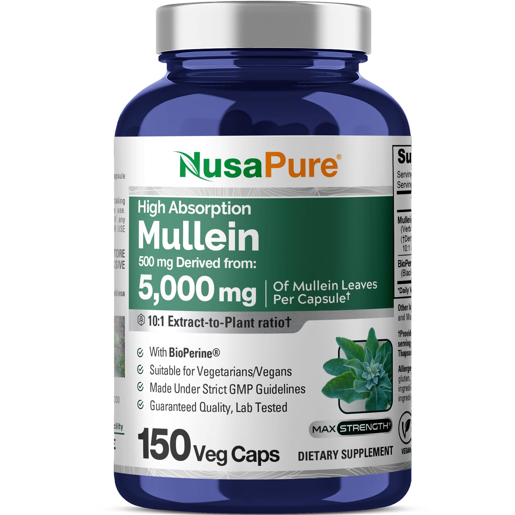 NusaPure Mullein Leaf Capsules 10:1 Extract, 500 mg Equivalent to 5,000 mg per Veggie Caps - 150 Count - Verbascum Thapsus (Non-GMO, Vegan) Dietary Supplement NusaPure Au supplements