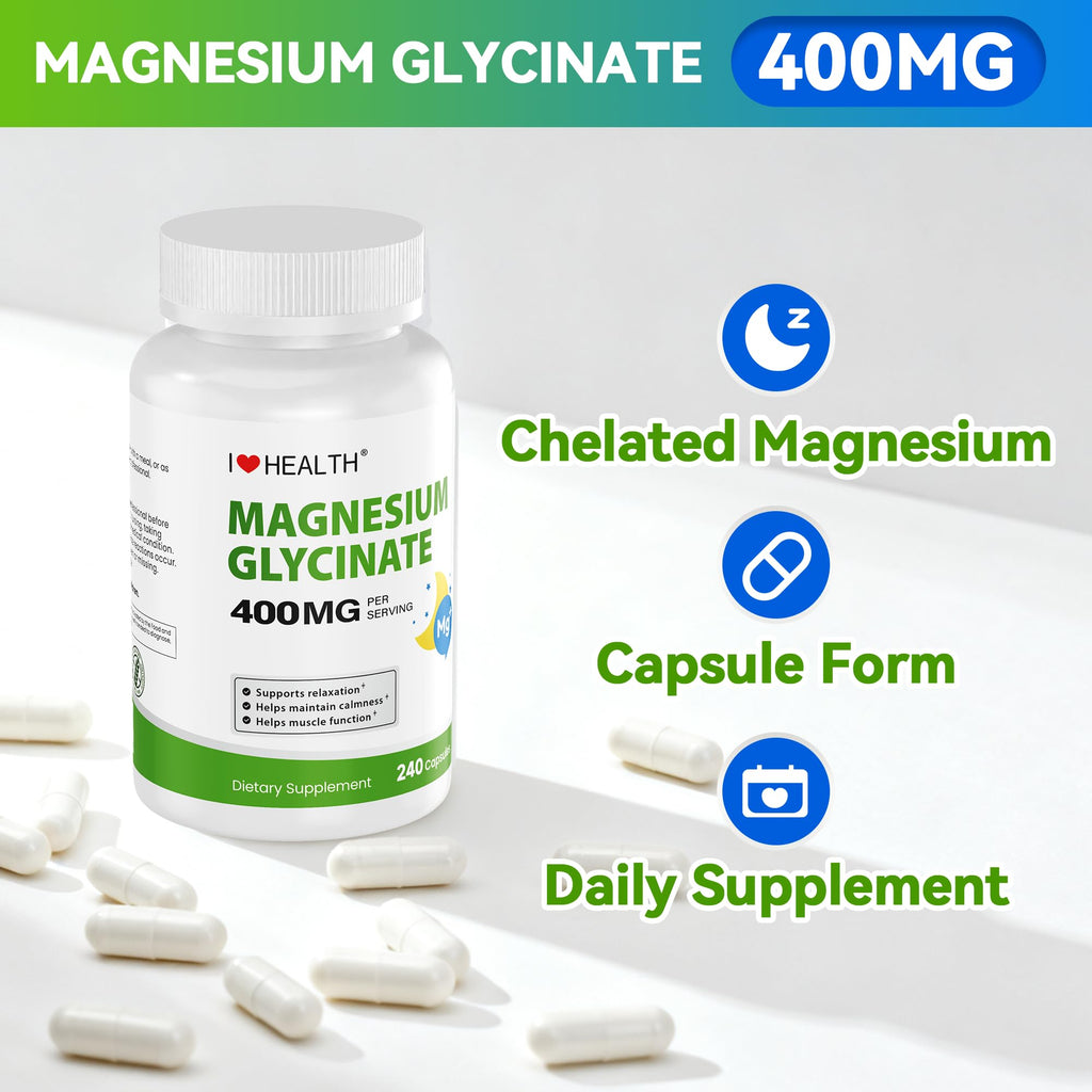 Magnesium Glycinate 400mg per Capsule – 240 Capsules – High Absorption Magnesium Supplement for Relaxation, Calmness & Muscle Support – Gentle on Stomach