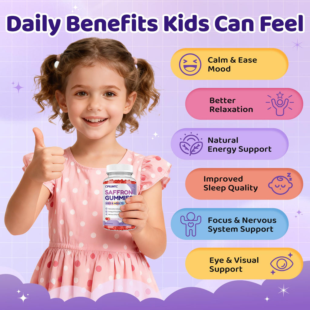 Saffron Gummies for Kids & Adults, 20-in-1 Saffron Supplements with 88.5mg Saffron Extract, B6, B12, C, D3, Magnesium for Calm, Focus, Nerve, Sugar Free, Vegan