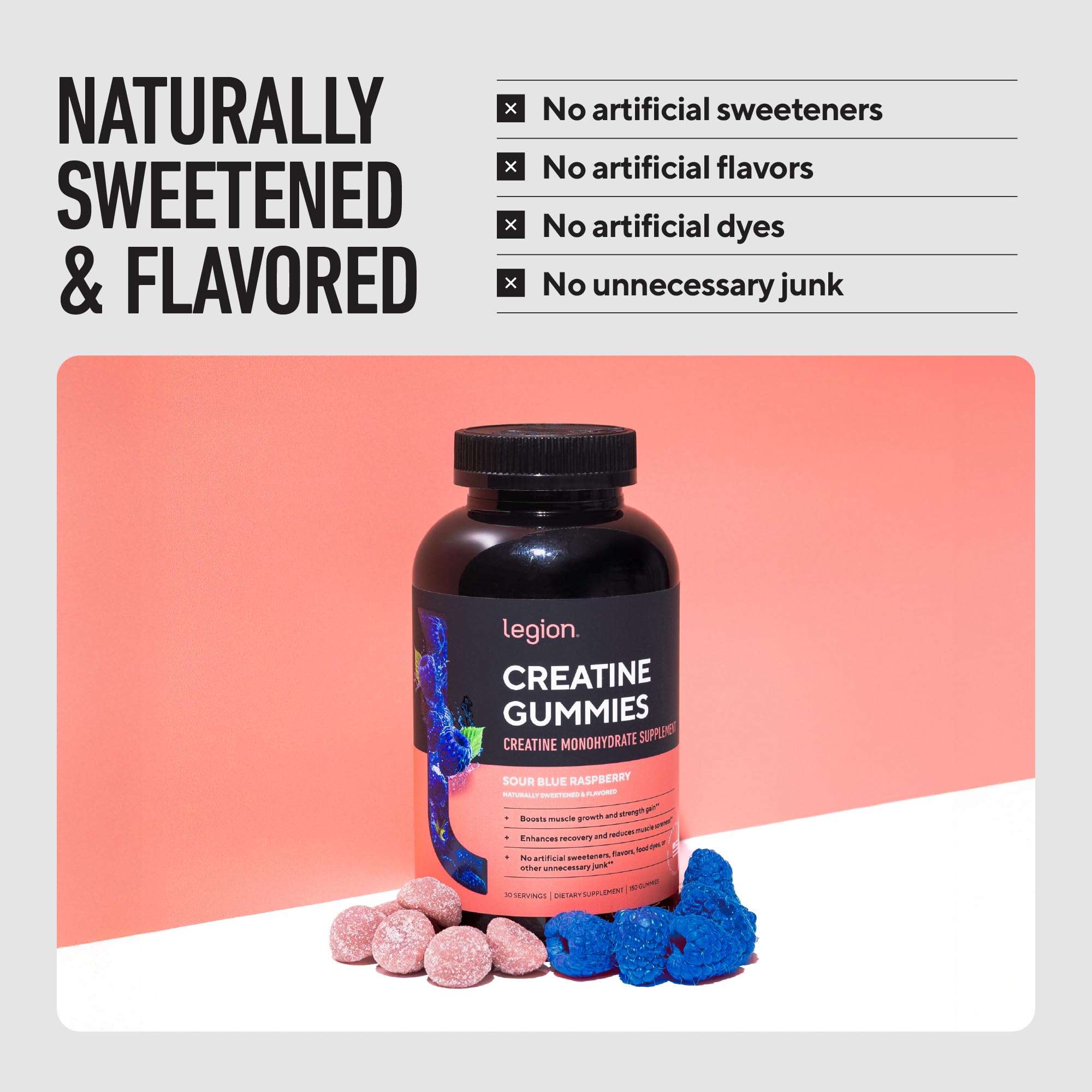 LEGION Creatine Monohydrate Gummies – Clean Chewable Creatine Supplement for Strength, Endurance & Muscle Recovery – 30 Sour Watermelon Flavor Servings