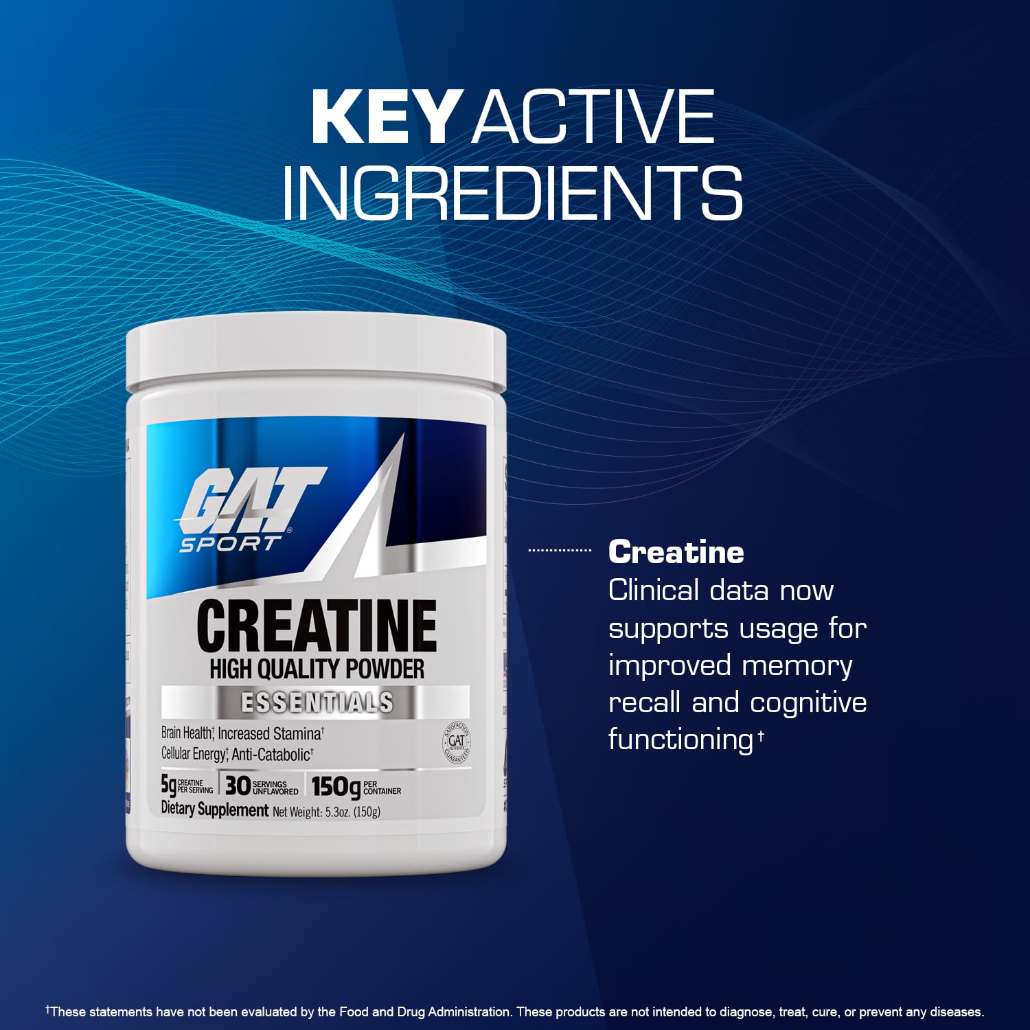 GAT SPORT Creatine Monohydrate Powder, 150 Grams, Strength, Brain Health, GLP1 Support Anti-oxidant, Endurance, for Men & Women, 1 Month Supply, Unflavored (30 Servings) GAT SPORT Au supplements