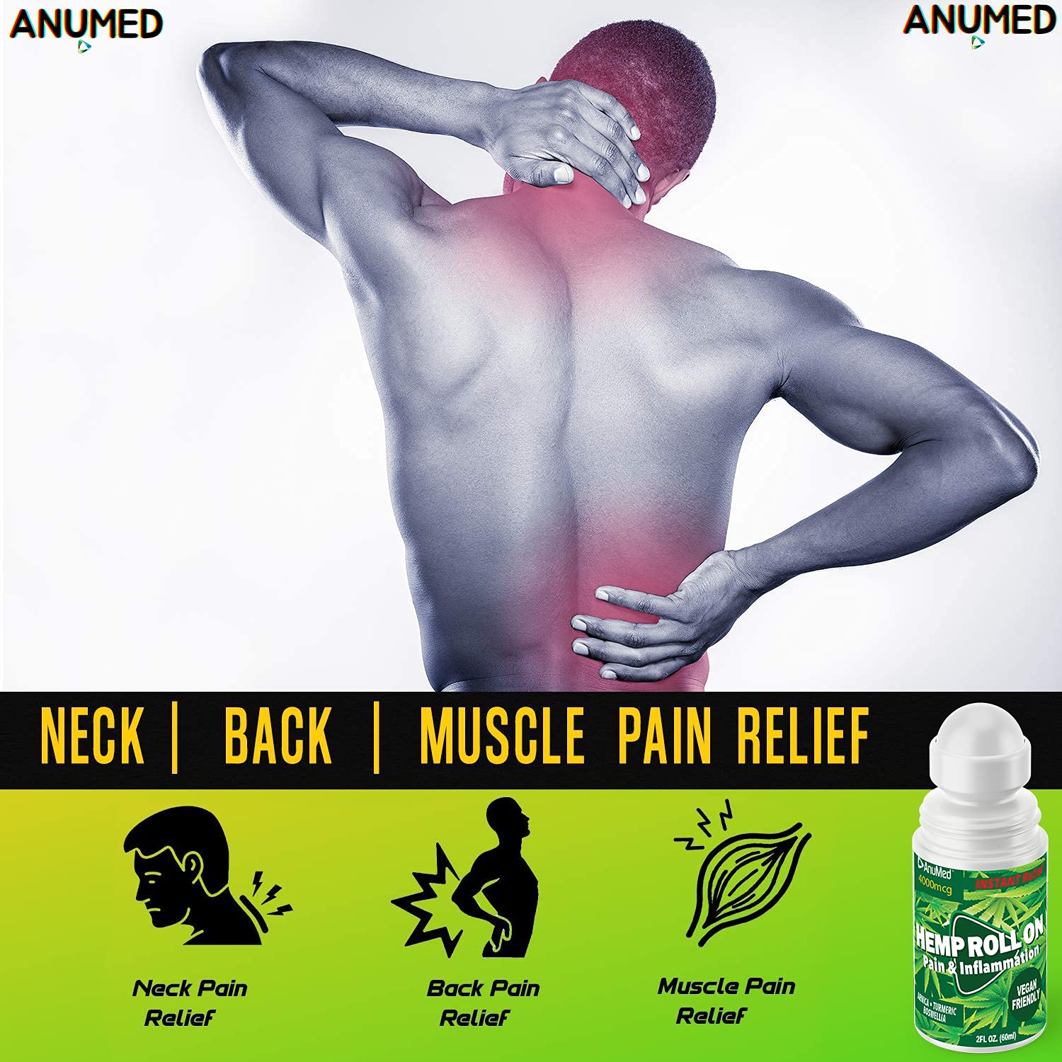 ANUMED Hemp Roll-On 4000mg Pain Relief. Fast Acting, Long Lasting, Maximum Strength with Arnica + Turmeric for Anti-Inflammatory, Natural Recovery, Joint, Muscle, Nerve Pain Reliever 2 Packs of (1oz) AnuMed International Au supplements