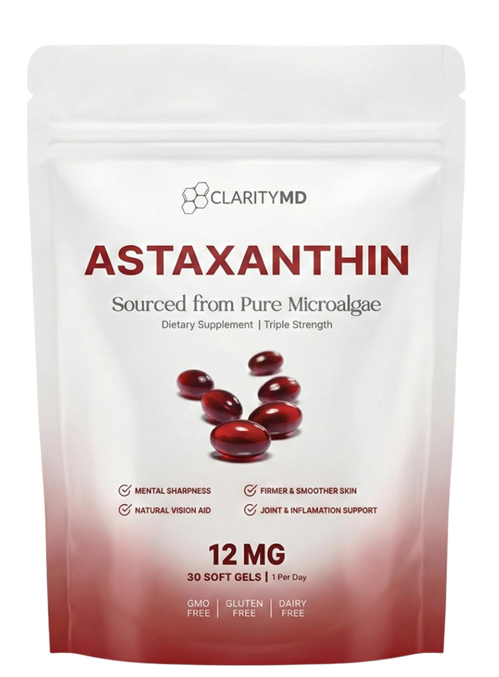 ClarityMD Astaxanthin 12mg Antioxidants Supplement – Natural Microalgae Source – Lipid-Based Softgel for Enhanced Absorption – Cognitive