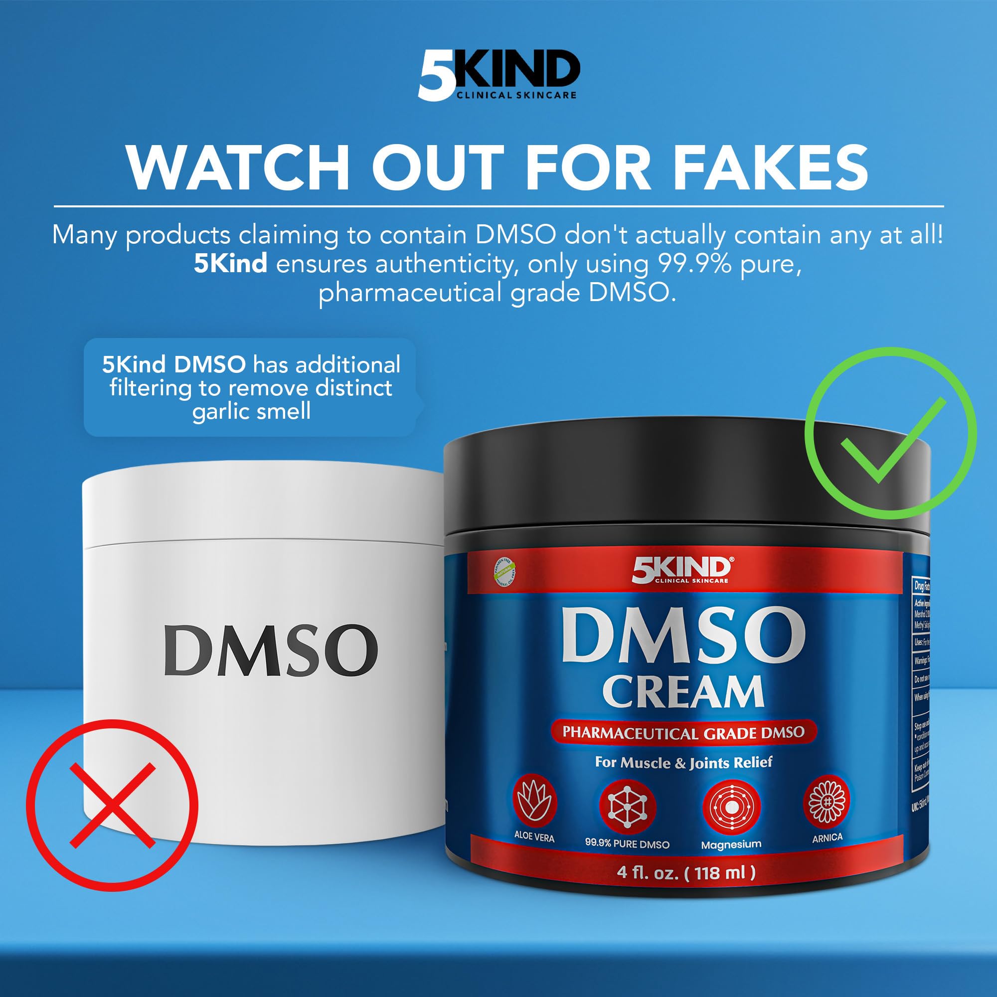 5Kind DMSO Cream for Pain Relief 4 fl oz - 99.9% Pure DMSO Pharmaceutical Grade Cream - Aloe Vera, Magnesium, Arnica & Menthol - Topical Muscle and Joint Pain Relief - Registered NDC - Made in USA 5kind clinical skincare Au supplements