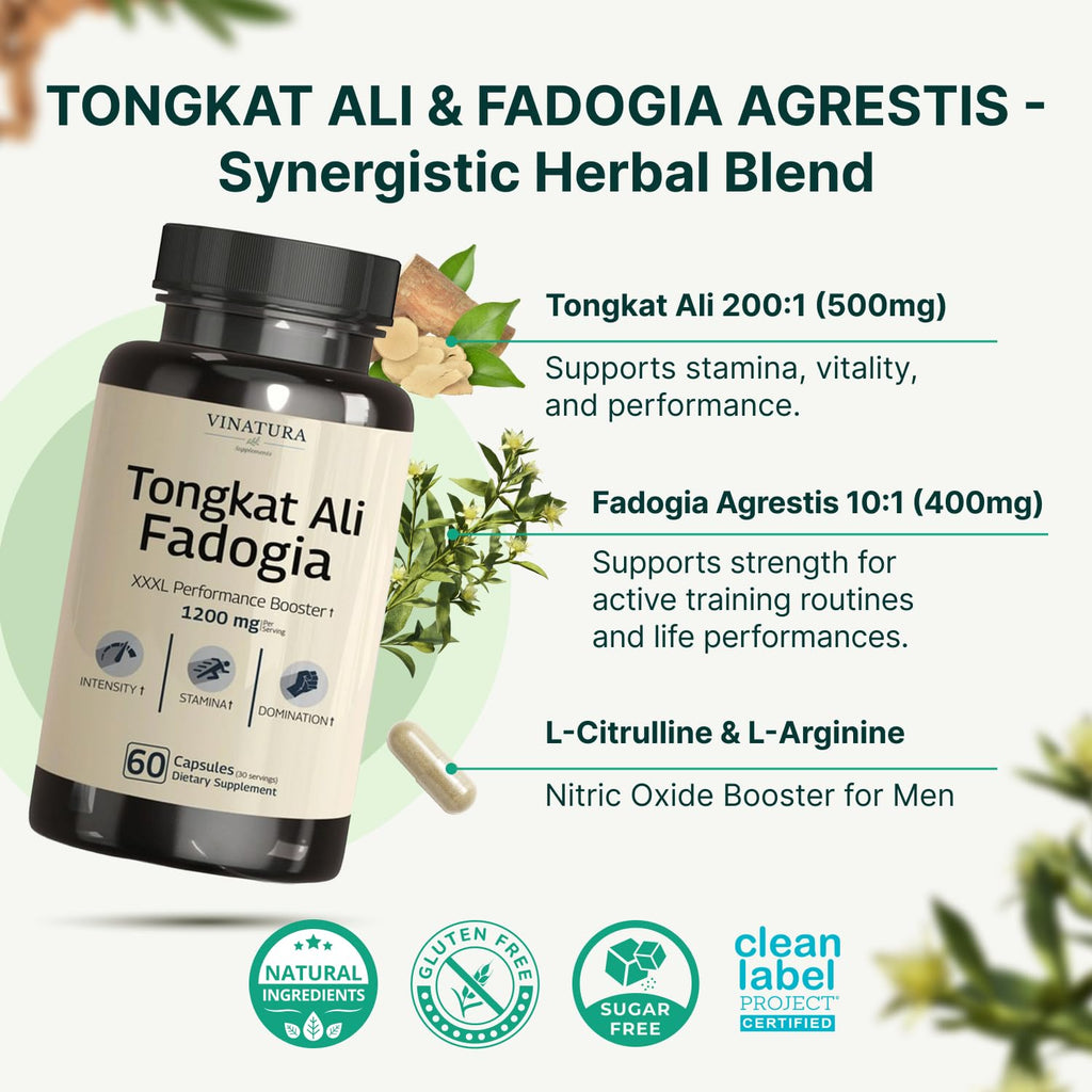 Tongkat Ali Fadogia Agrestis - 1200mg, Enhanced with Nitric Oxide Booster Supplement, Longjack Tongkat Ali for Men,