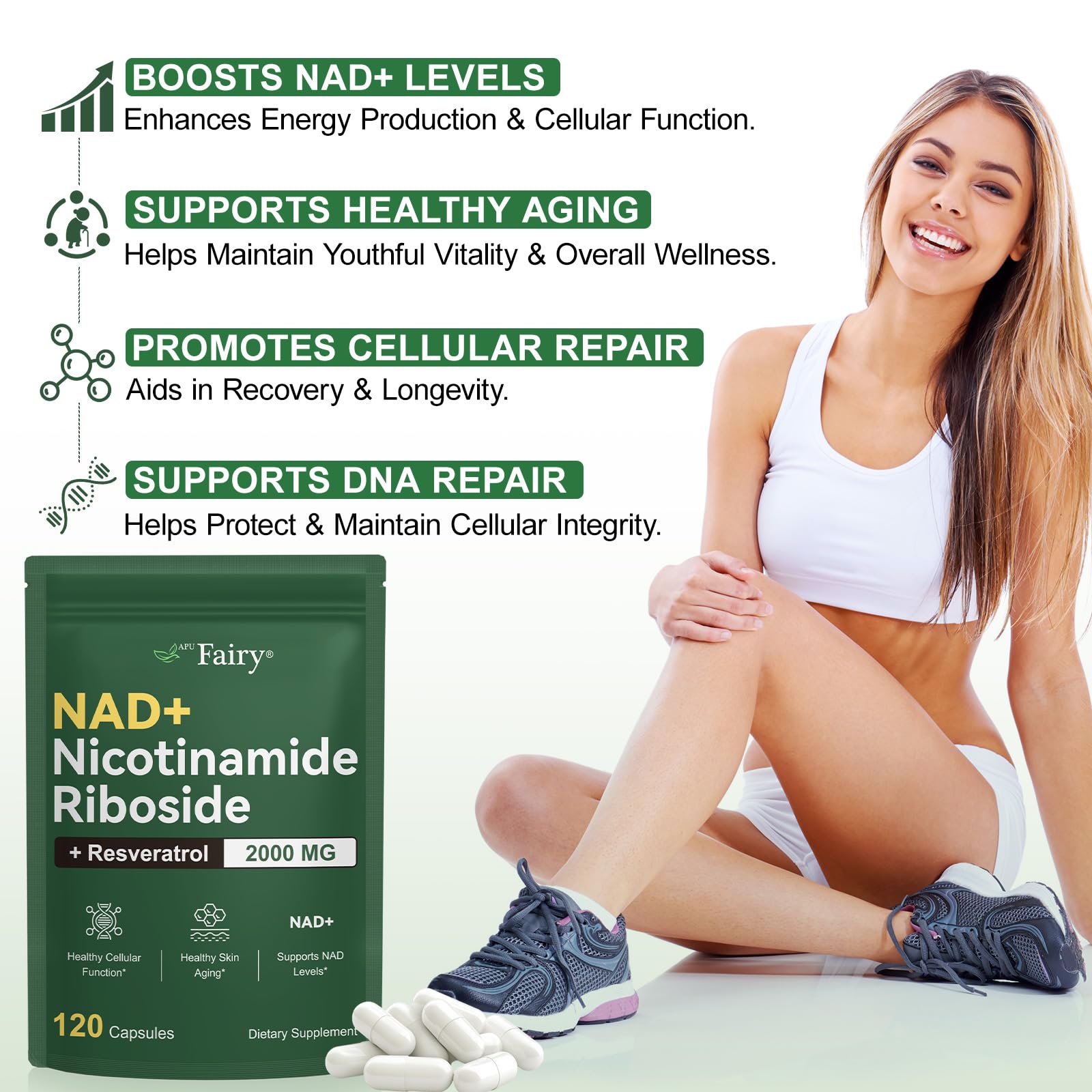 APU.FAIRY NAD Supplement,NAD Nicotinamide Riboside,Extra Strength NAD Alternative Liposomal,Boost NAD & Resveratrol + for Women & Men,Energy Anti-Aging,Cell Regeneration,120 Capsules sack-120 APU.FAIRY Au supplements