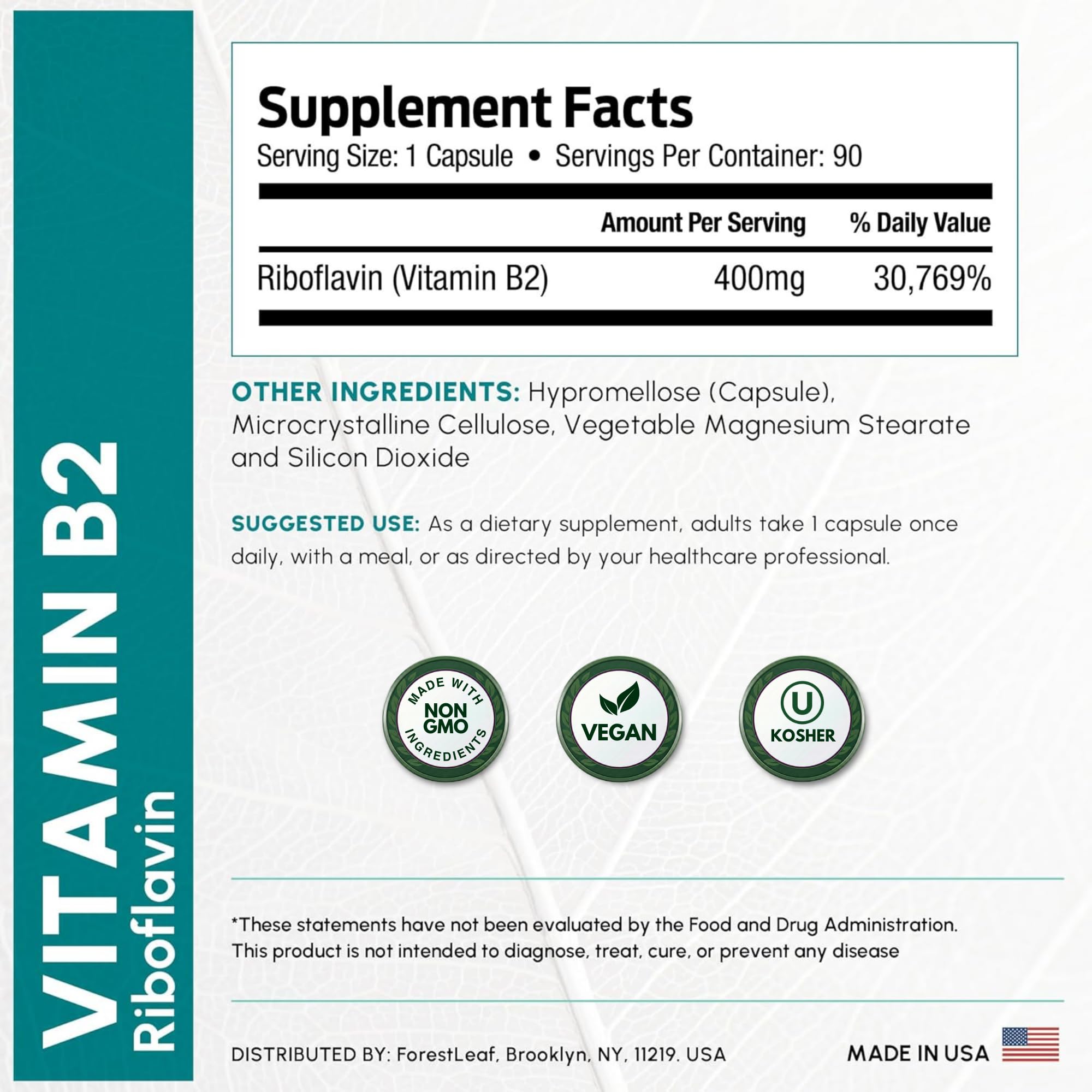 ForestLeaf Vitamin B2 Riboflavin 400mg - Energy, Skin & Cellular Health Supplement - Nervous System Support - Vitamin B 2 VIT B - Non-GMO & Gluten Free