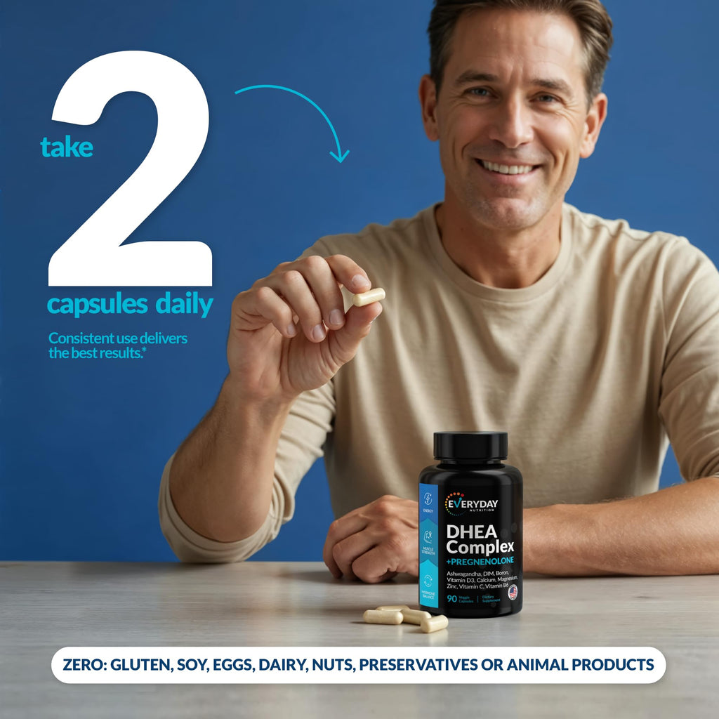 DHEA Micronized 200mg Complex with Pregnenolone 100mg Supplement for Men & Women with Ashwagandha, DIM, Magnesium, Boron, Calcium , Zinc, Vitamin D3, C and B6 Hormone Support - Made in USA 90 Capsules EVERYDAY NUTRITION Au supplements