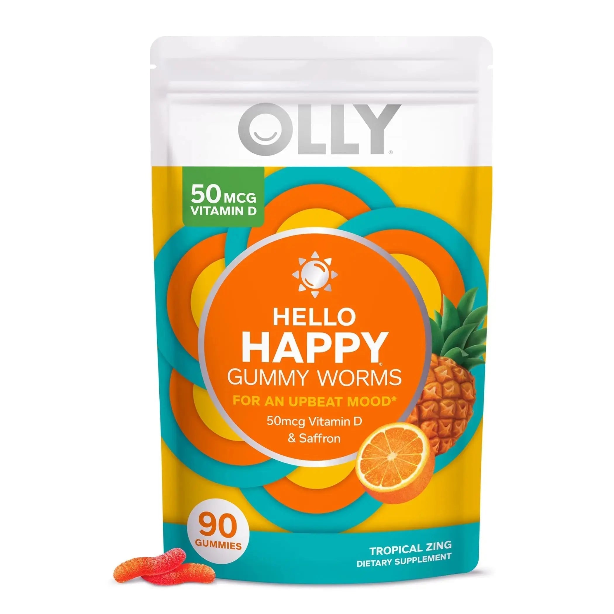 OLLY Hello Happy Gummy Worms Mood Support with Vitamin D, Saffron - 90 Count Men's Multivitamin Gummy Immune Support OLLY Au supplements