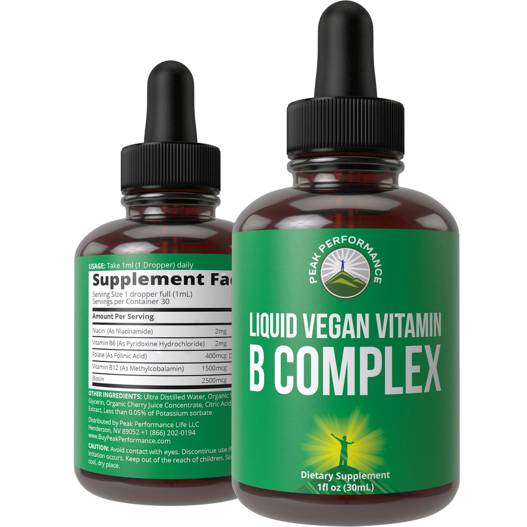 B Complex Liquid Drops Vegan Supplement. Best 5 B Vitamins with B3 Niacin, B6, B7 Biotin, B9 Folate, Methylcobalamin B12. B-Complex for Hair, Skin Nails, Energy. for Adults, Men, Women Peak Performance Au supplements