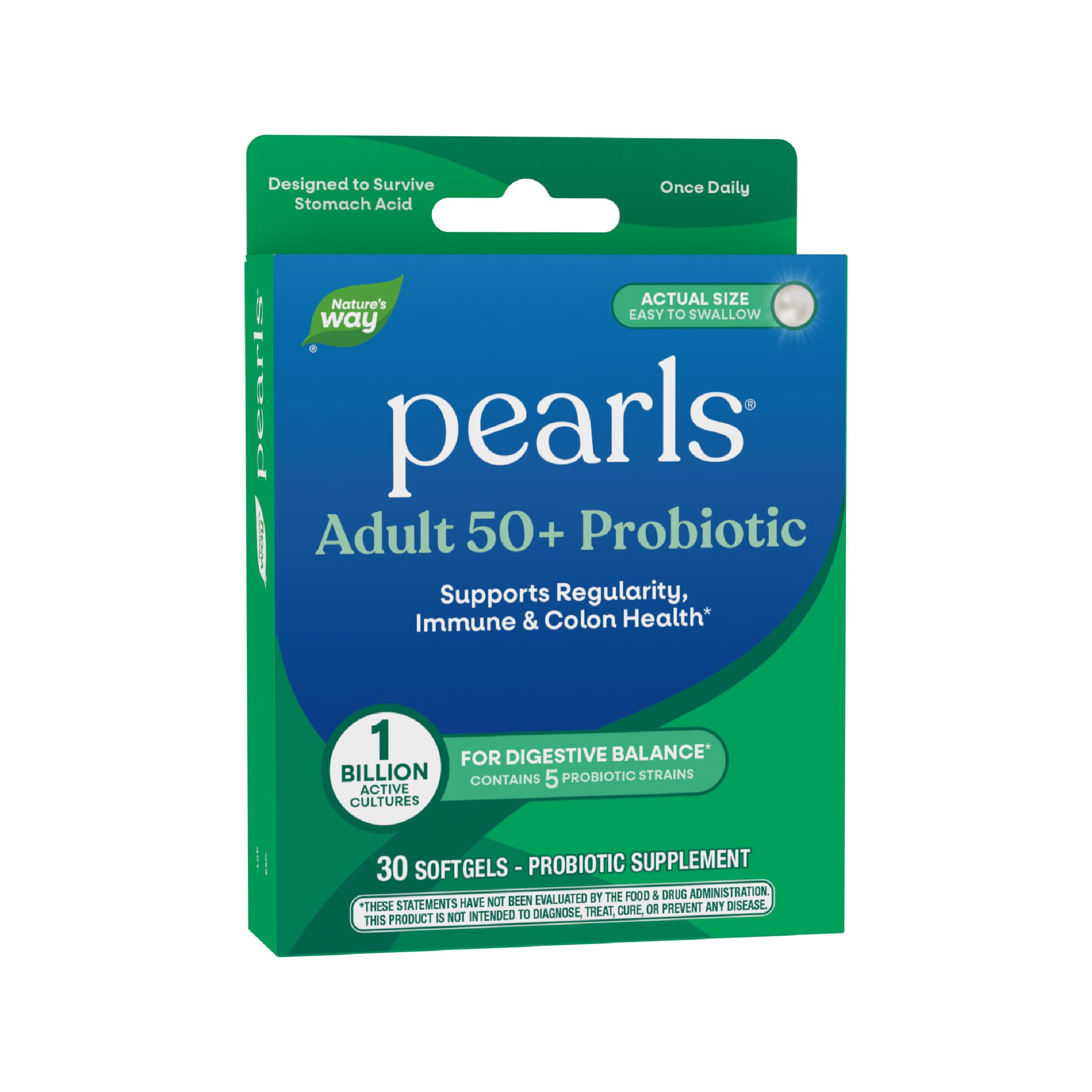 Nature's Way Pearls Adult 50+ Probiotic, Probiotics for Digestive Health* Supports Regularity, Immune & Colon Health*, 1 Billion Cultures, No Refrigeration Needed, 30 Softgels Nature's Way Au supplements