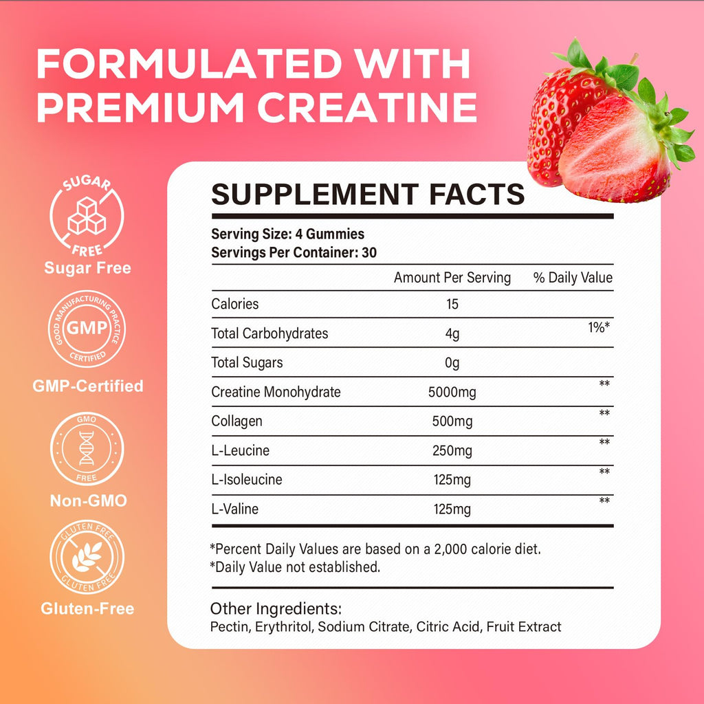 eterlower Creatine Monohydrate Gummies, 5g Creatine Gummies for Women & Men.Pre-Workout & Muscle Growth Support,