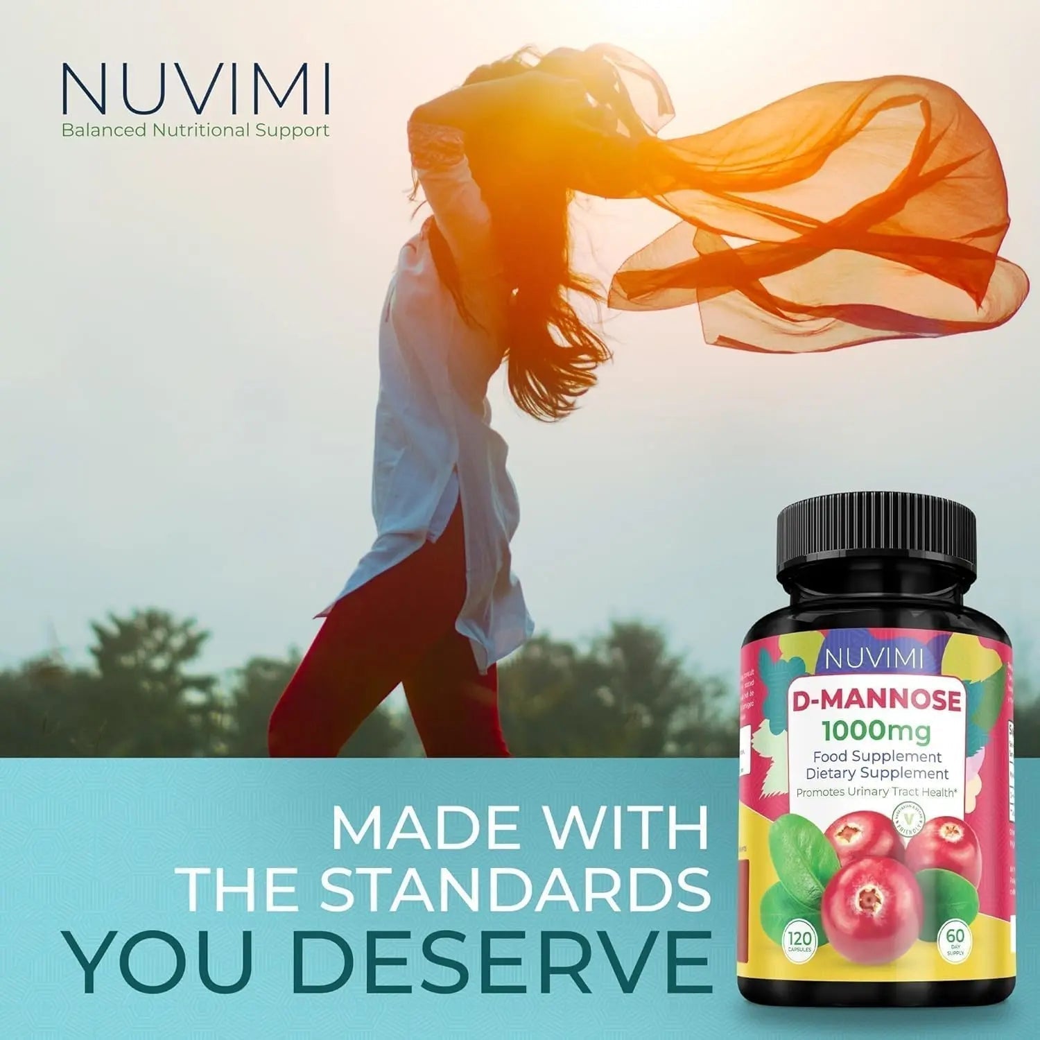 NUVIMI D Mannose 120 Capsules - 1000 mg per Dose - Dietary Supplement Helps Promote Urinary Tract Health - Natural Vegan UTI Defense NUVIMI Au supplements