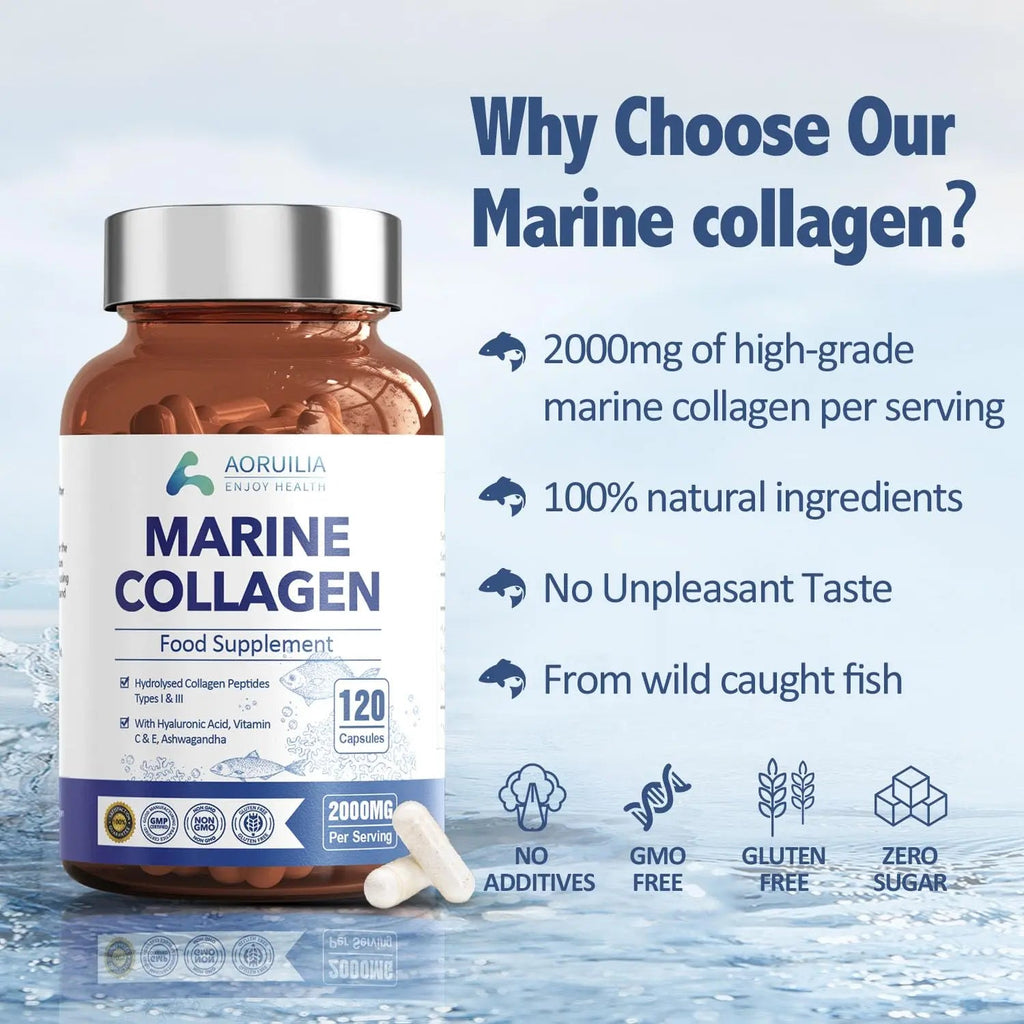 Marine Collagen Supplements for Women Men 2000mg 120 Capsules Hyaluronic Acid, Vitamin C, Vitamin E, & Ashwagandha Aoruilia Au supplements