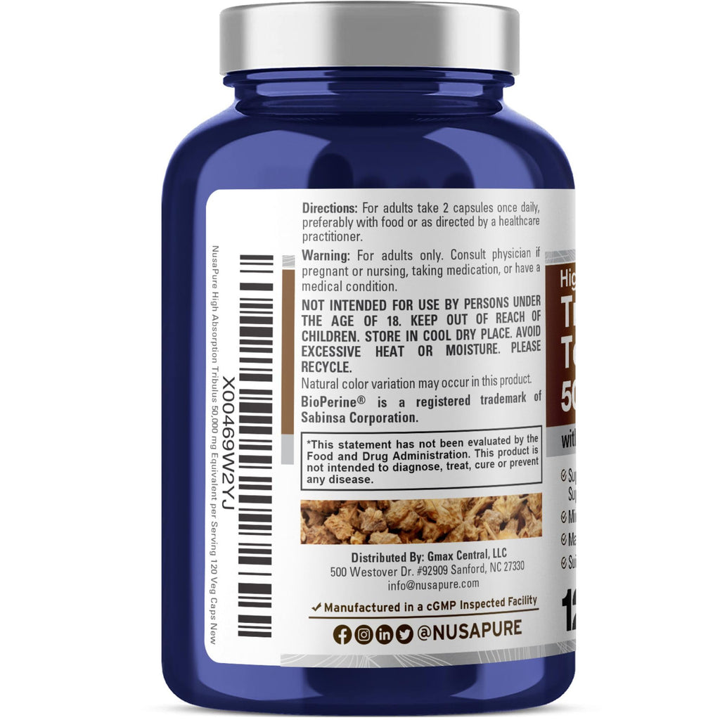 NusaPure Tribulus Terrestris 50:1 Extract, 1000 mg Equivalent to 50,000mg| 120 Veggie Caps | 95% Steroidal Saponins | Non-GMO, Bioperine & Vegan NusaPure Au supplements