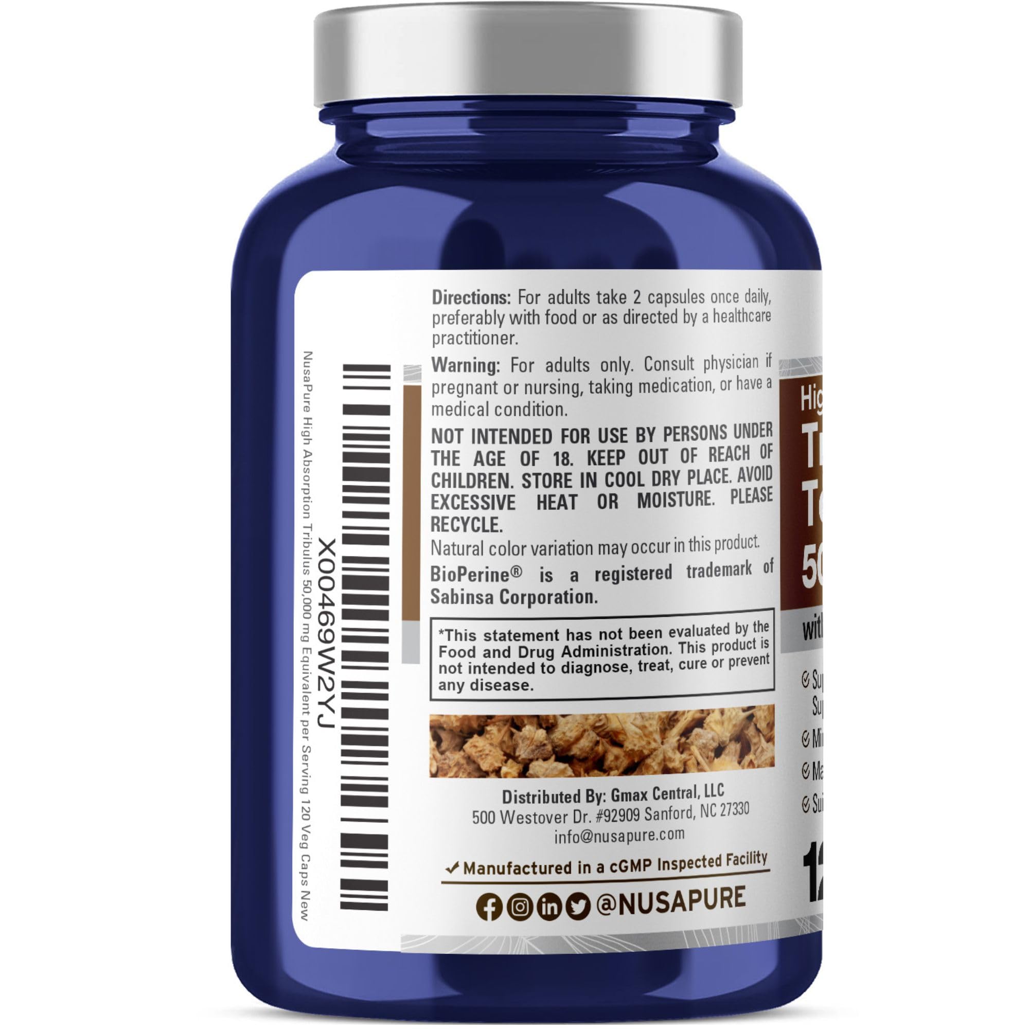 NusaPure Tribulus Terrestris 50:1 Extract, 1000 mg Equivalent to 50,000mg| 120 Veggie Caps | 95% Steroidal Saponins | Non-GMO, Bioperine & Vegan NusaPure Au supplements