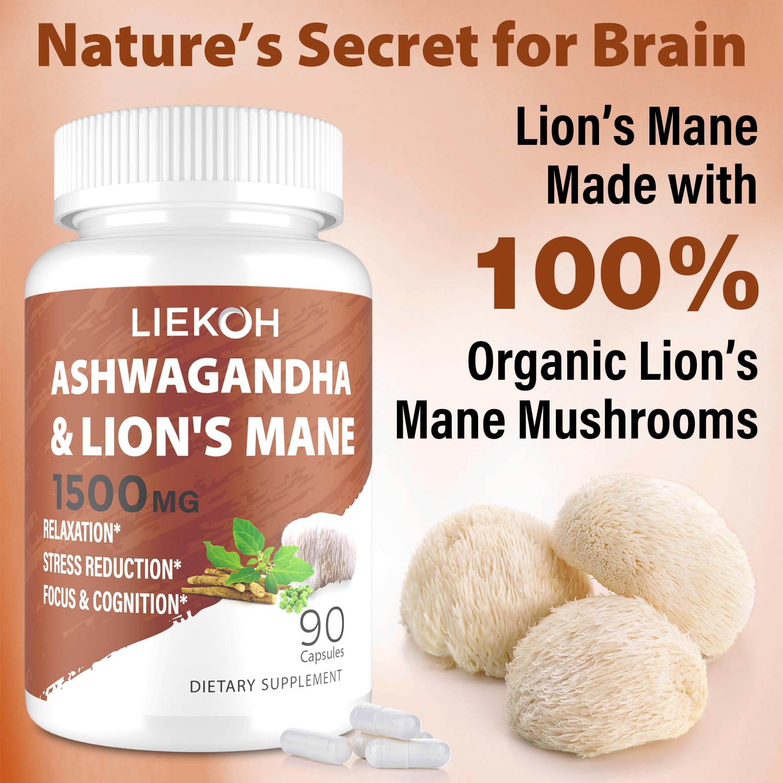 Liekoh Ashwagandha & Lions Mane Supplement Capsules, Brain Supplements for Memory and Focus, Ashwagandha Supplement with Rhodiola & Black Peppe, Cortisol Supplements for Women & Men,90 Caps Liekoh Au supplements