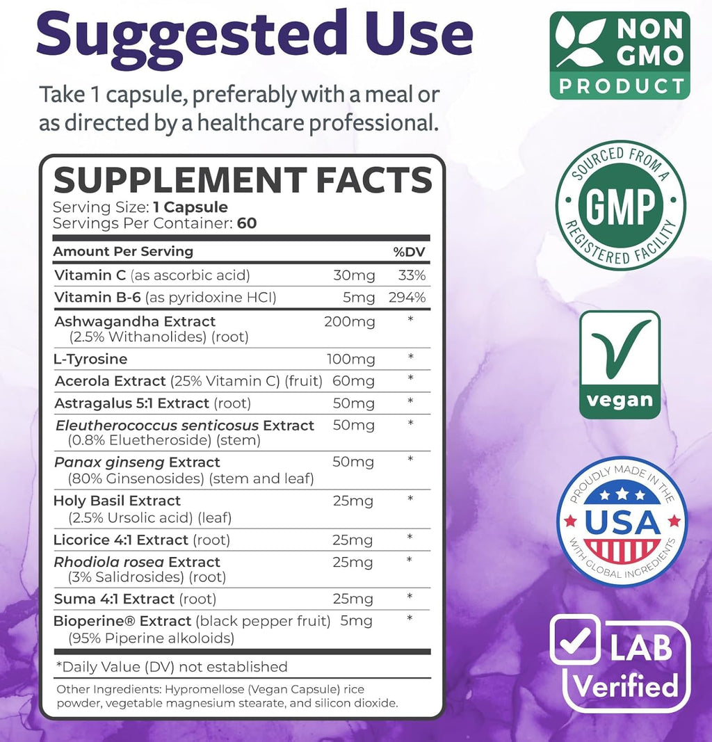 Adrenal System Support & Cortisol Manager (2 Month Supply) Powerful Ashwagandha & L-Tyrosine Fatigue Supplement - Maintain Balanced Cortisol Levels, Health, & Stress Relief - Non-GMO - 60 Capsules Healths Harmony Au supplements