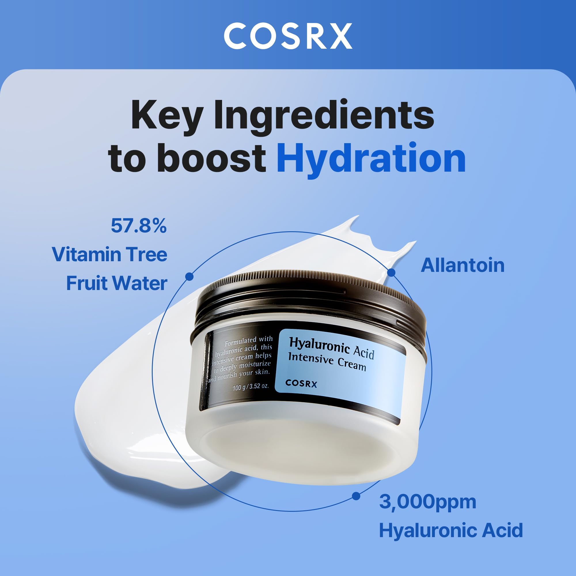 COSRX Hyaluronic Acid Moisturizing Cream, Long-lasting Hydration, Rich Moisturizer for Sensitive Skin 3.52 oz / 100g