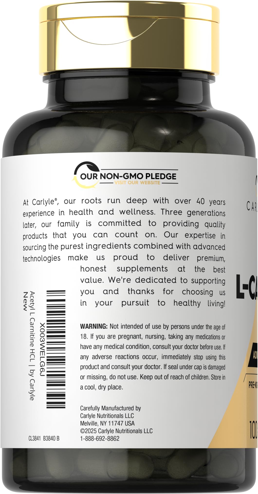 Carlyle Acetyl L-Carnitine HCL | 1000mg | 100 Capsules | Advanced Athlete Formula | Pre-Workout Supplement | Non-GMO & Gluten Free