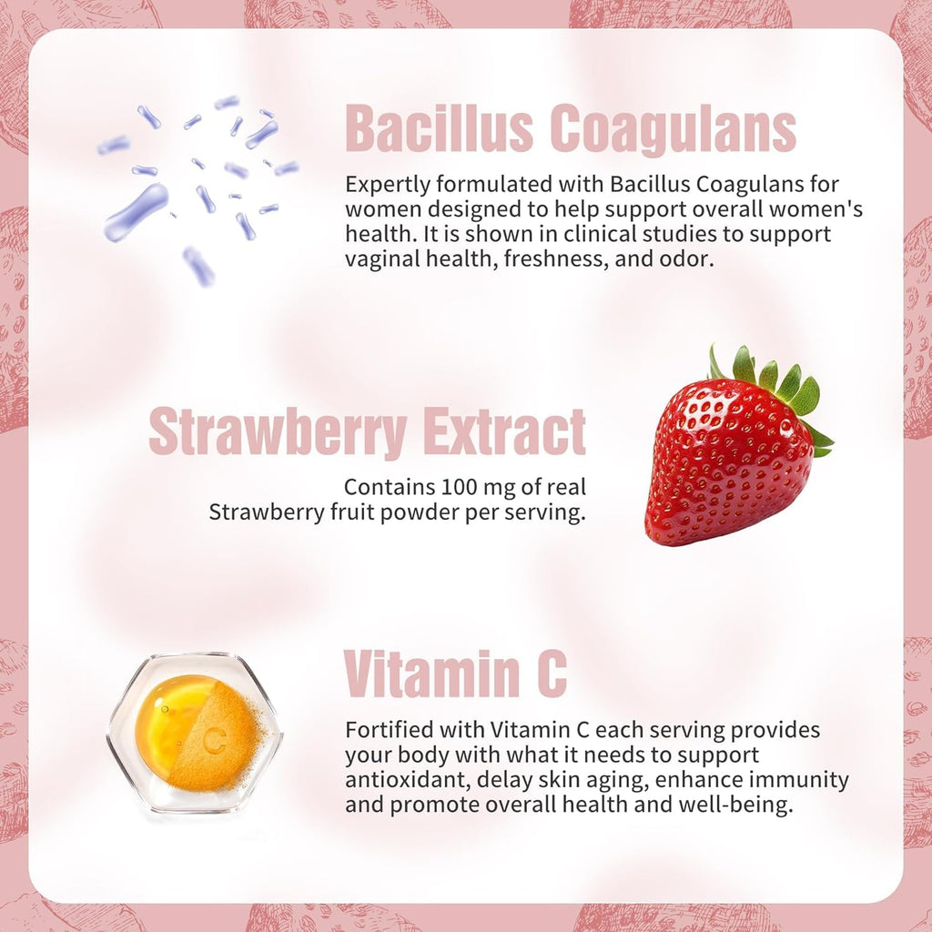 NIUSISE Feminine Balance Gummies, Premium Balance Supplement for Women PH Health, Immune Support, Energy Support, Vegan, Gluten-Free, Strawberry Flavor,