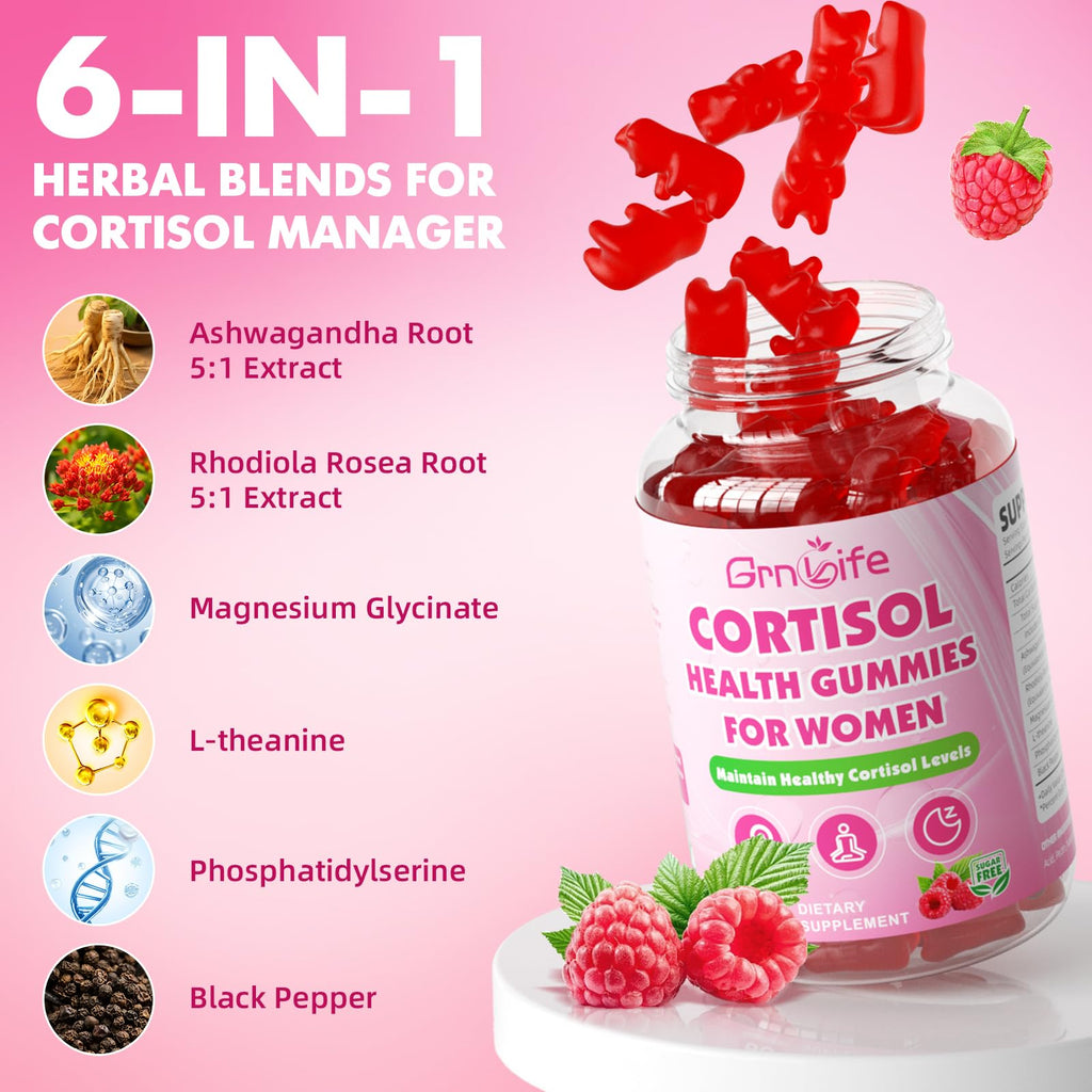 Cortisol Gummies for Women, Cortisol Supplements Gummies with Magnesium Ashwagandha Rhodiola Rosea and L-theanine Complex for Relaxation and Focus, Zzz Support, Raspberry Flavor, 60 Count GrnLife Au supplements