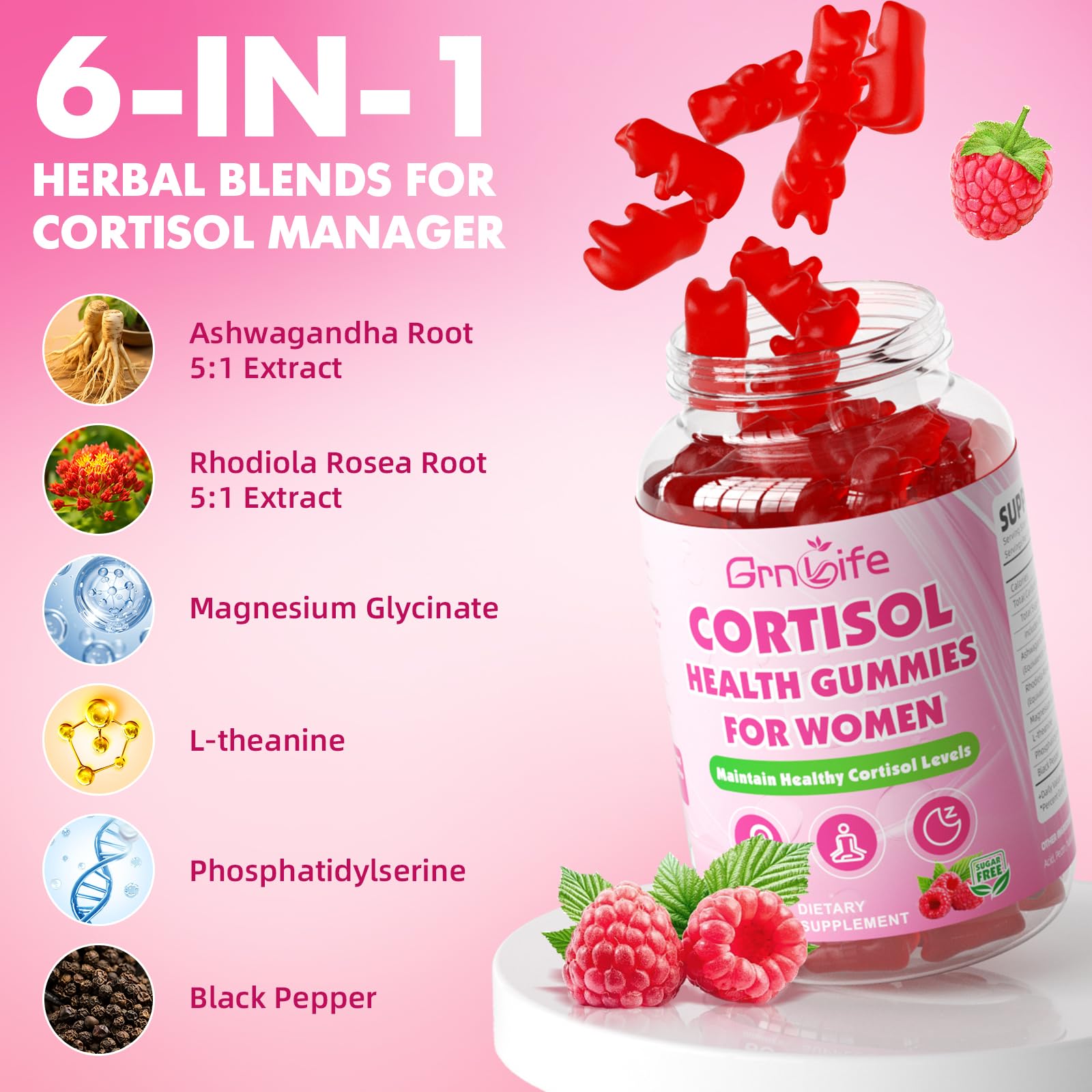 Cortisol Gummies for Women, Cortisol Supplements Gummies with Magnesium Ashwagandha Rhodiola Rosea and L-theanine Complex for Relaxation and Focus, Zzz Support, Raspberry Flavor, 60 Count GrnLife Au supplements