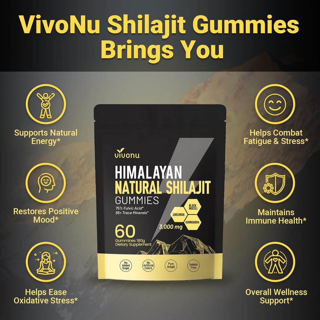 Himalayan9 Shilajit Gummies with Ashwagandha & Gokshura | 85+ Trace Minerals & Fulvic Acid | Organic, Non-GMO Micronutrient Supplement