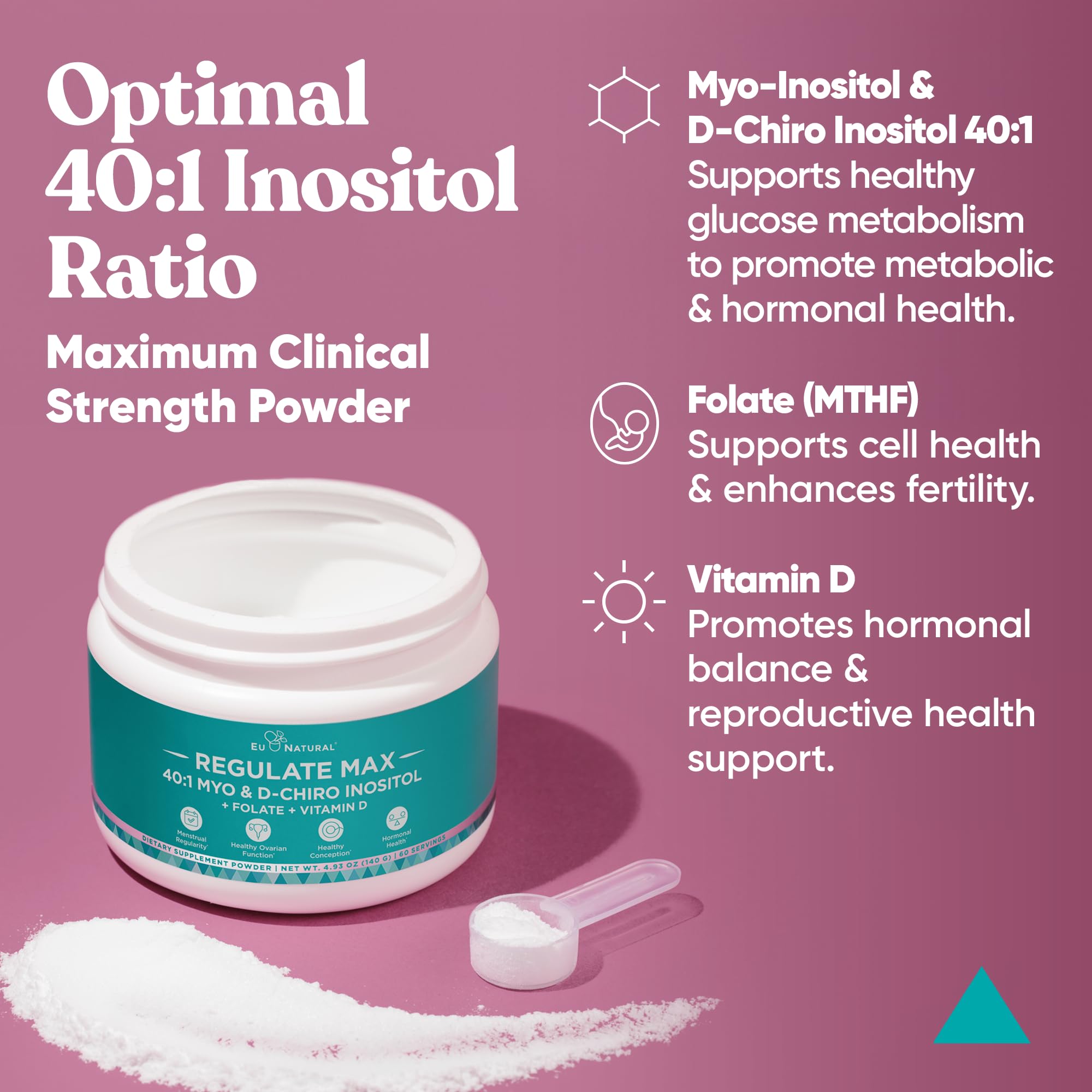 Eu Natural Regulate MAX Myo-Inositol & D-Chiro Inositol Supplement Powder for Women with Vitamin D & Folate Nutritional Support, Hormone Balance & Fertility Support, Unflavored 60 Servings Eu Natural Au supplements