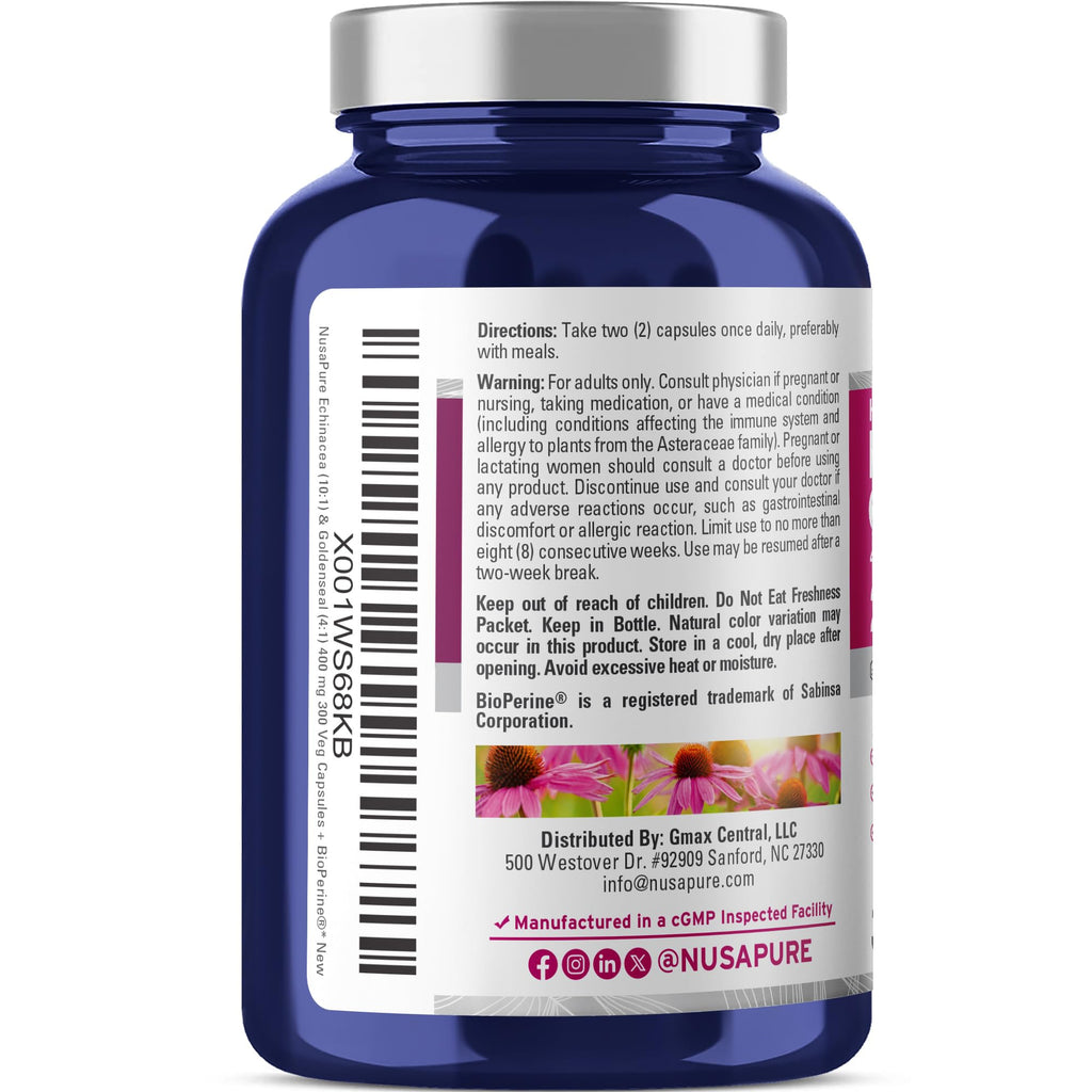 NusaPure Echinacea Goldenseal 200mg, (Extract 10:1, Equivalent to 2,000mg), 200mg, (Extract 4:1, Equivalent to 800mg) - 2800mg 300 Veggie Caps (Vegetarian, Non-GMO, Vegan) NusaPure Au supplements