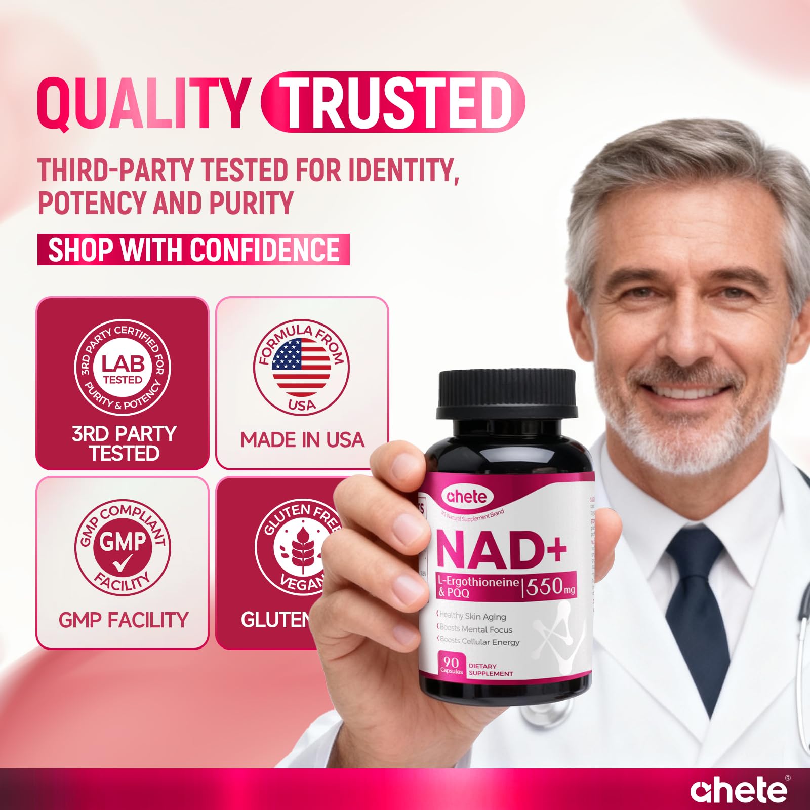 Ahete NAD Supplement with L-Ergothioneine, PQQ, Vitamin B6, and NMNH Supplement - for Cellular Health, Energy Support and Healthy Aging for Women & Men - Vegetarian, Non-GMO, Gluten Free- 90 Capsules Ahete Au supplements
