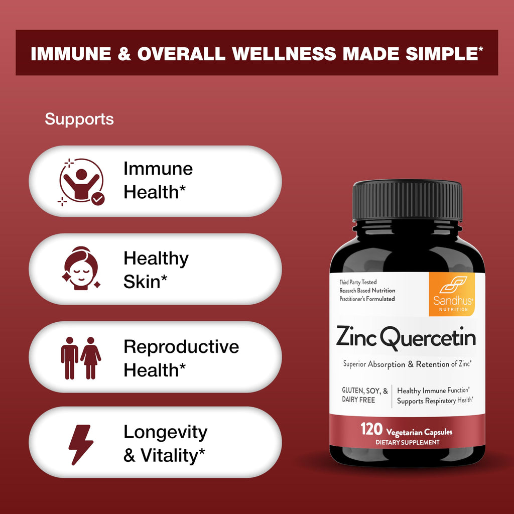 Sandhu's Zinc Quercetin 120 Vegetarian Capsules (Pack of 1) | High Absorption Zink Supplements for Immunity and Seasonal Allergy | Antioxidant Immune Support