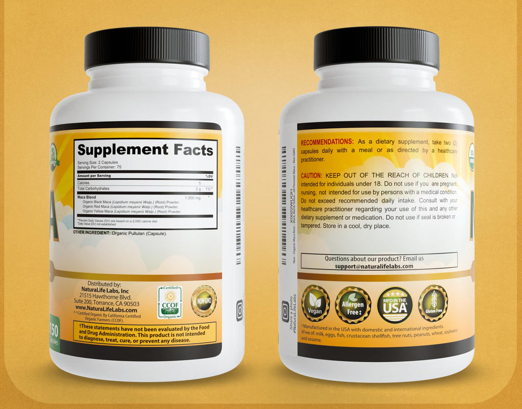 NaturaLife Labs Organic Maca Root – Black, Red & Yellow – 1900 mg per Serving – 150 Capsules – Gelatinized Peruvian Maca